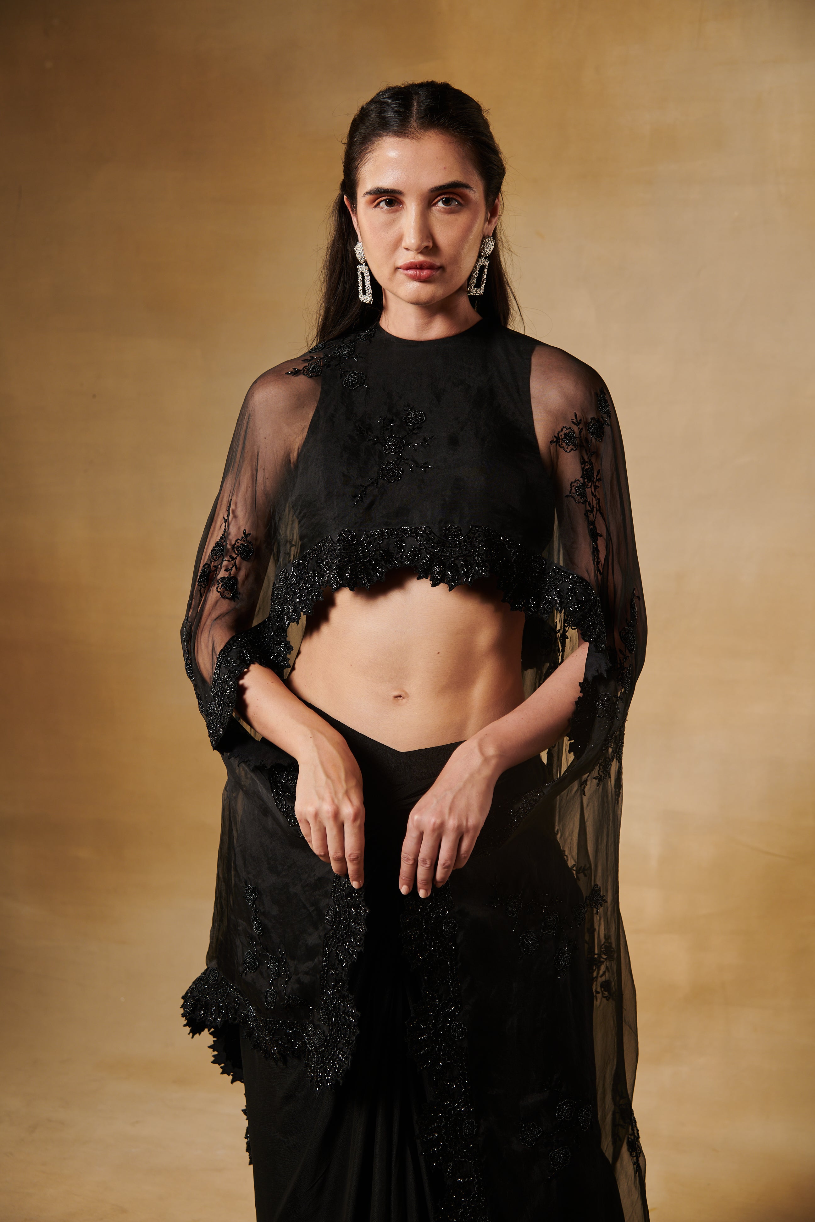 Midnight black thread and bead work cape blouse with drape skirt