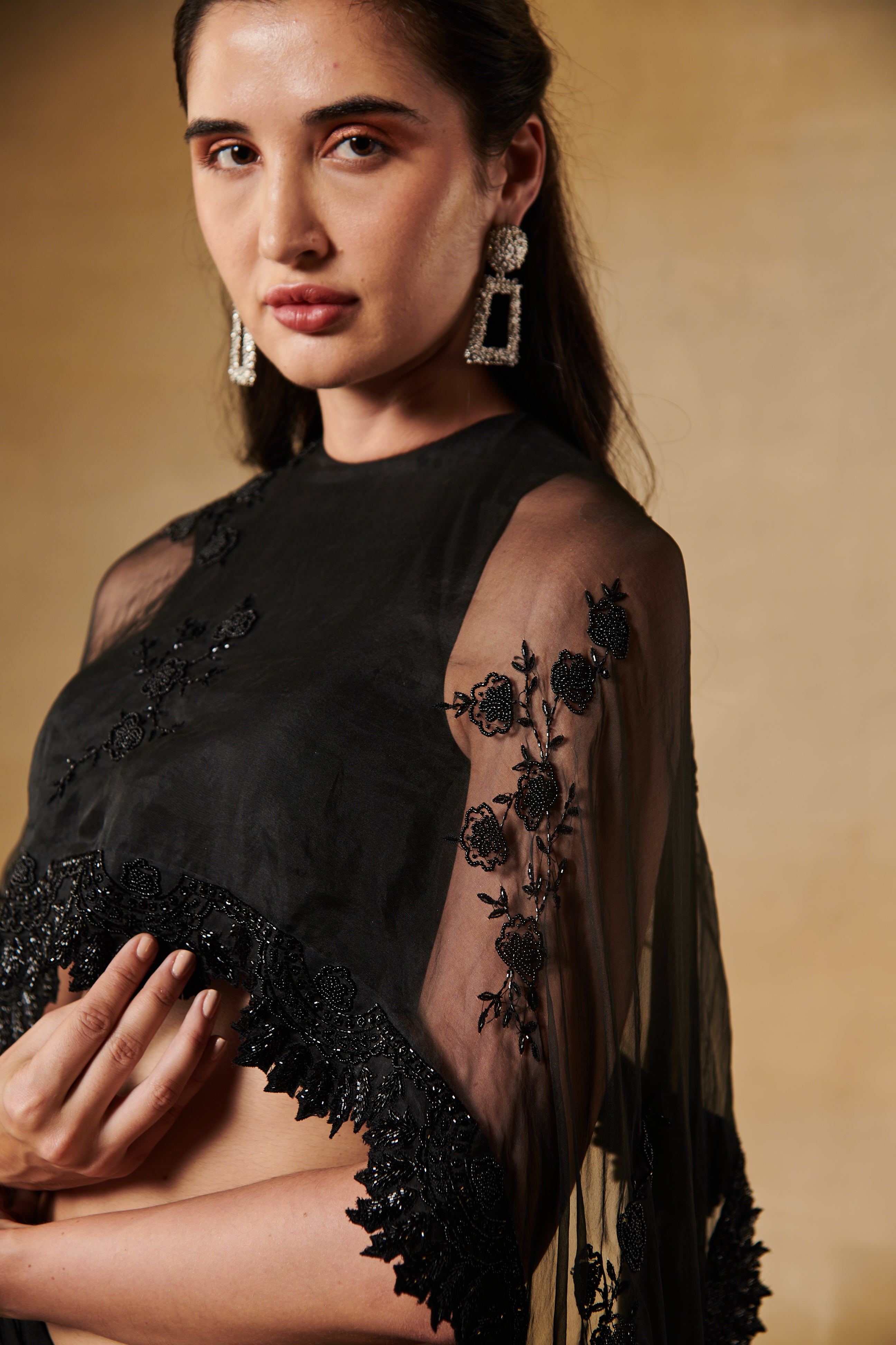 Midnight black thread and bead work cape blouse with drape skirt