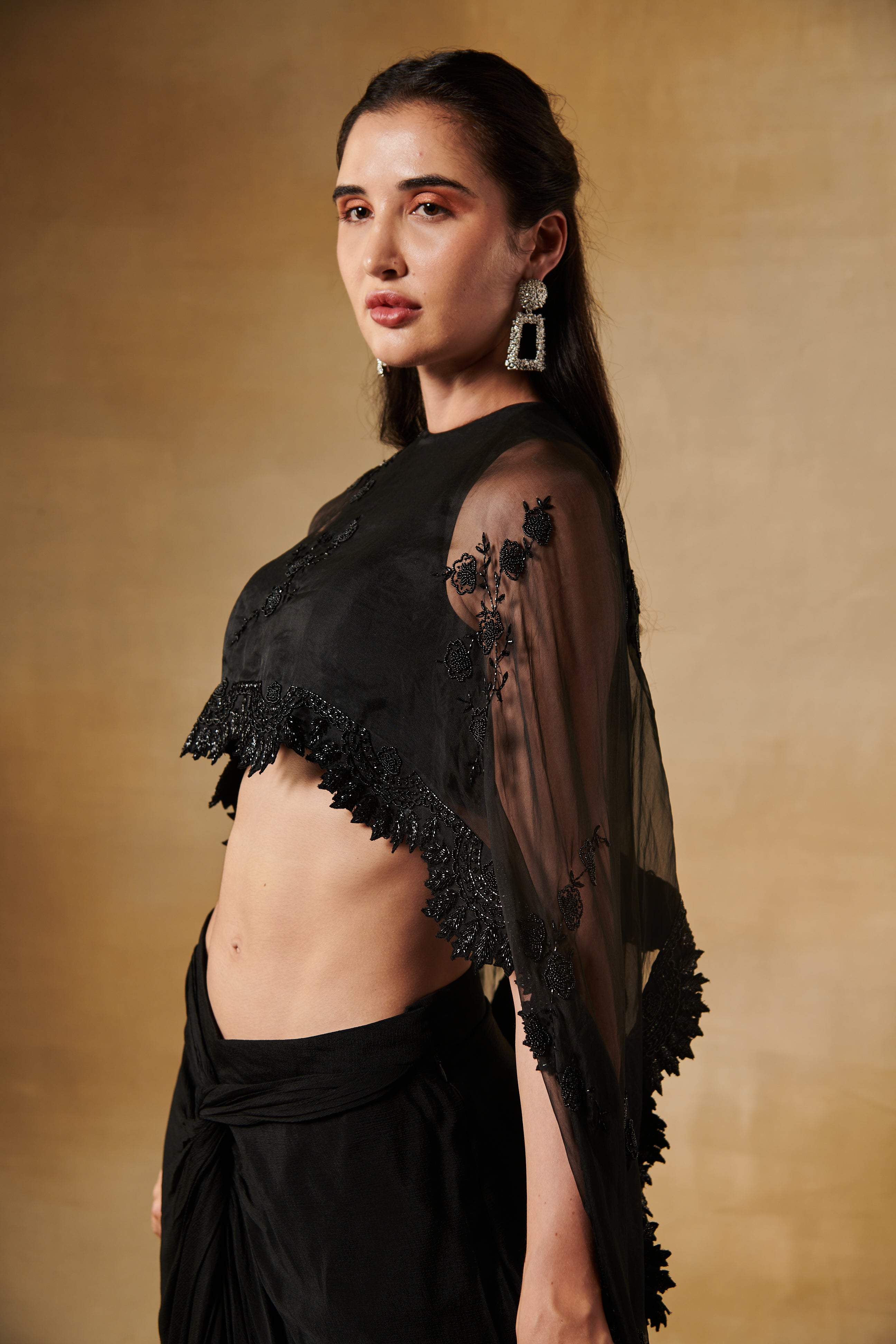 Midnight black thread and bead work cape blouse with drape skirt