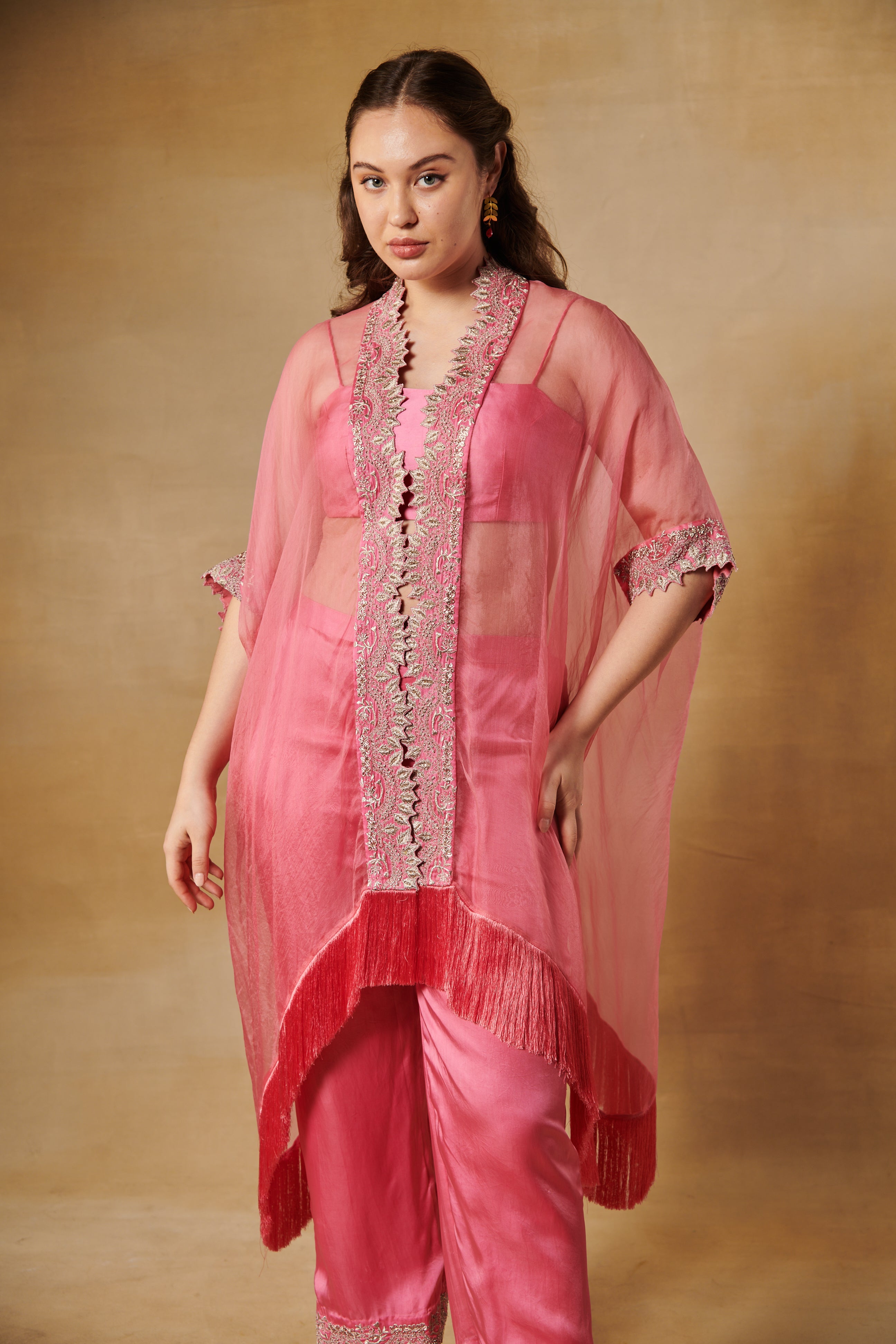 Peach pink co-ord set with cutdana & dabka embroidery with straight pants