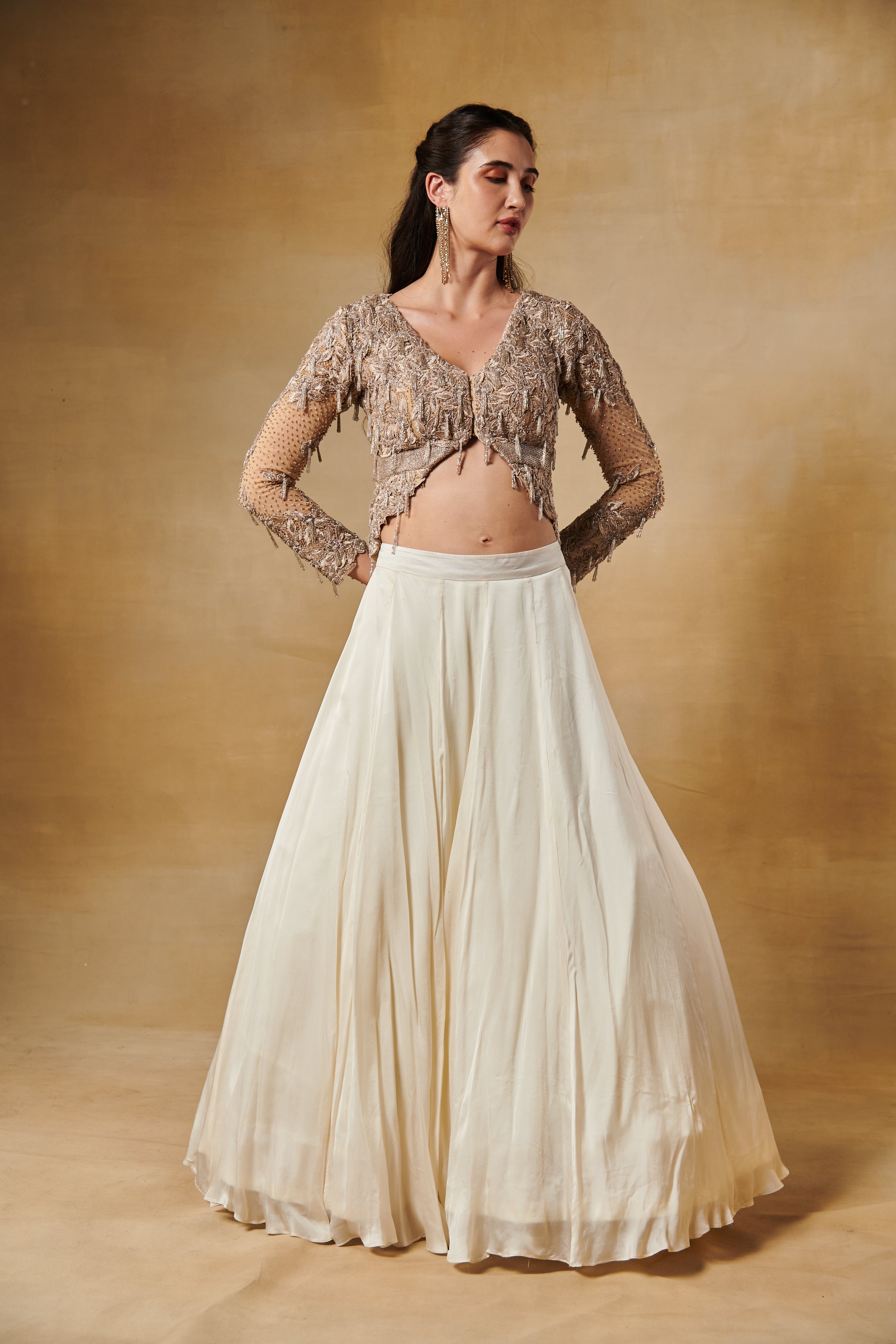 Champagne nude 3D floral short jacket with flared georgette lehenga skirt