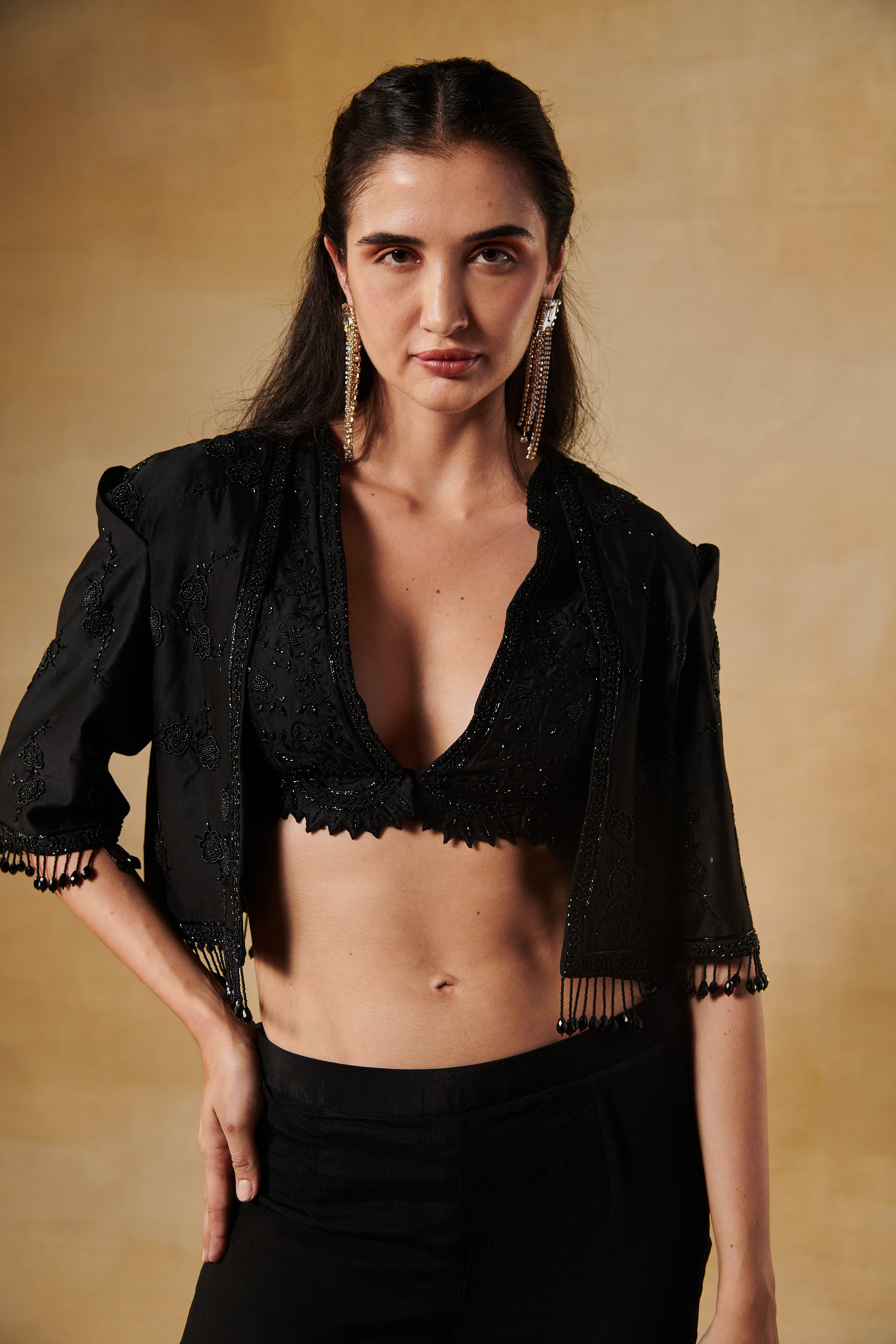 Midnight black 3pcs set with crop tassel jacket paired with black wide leg pants