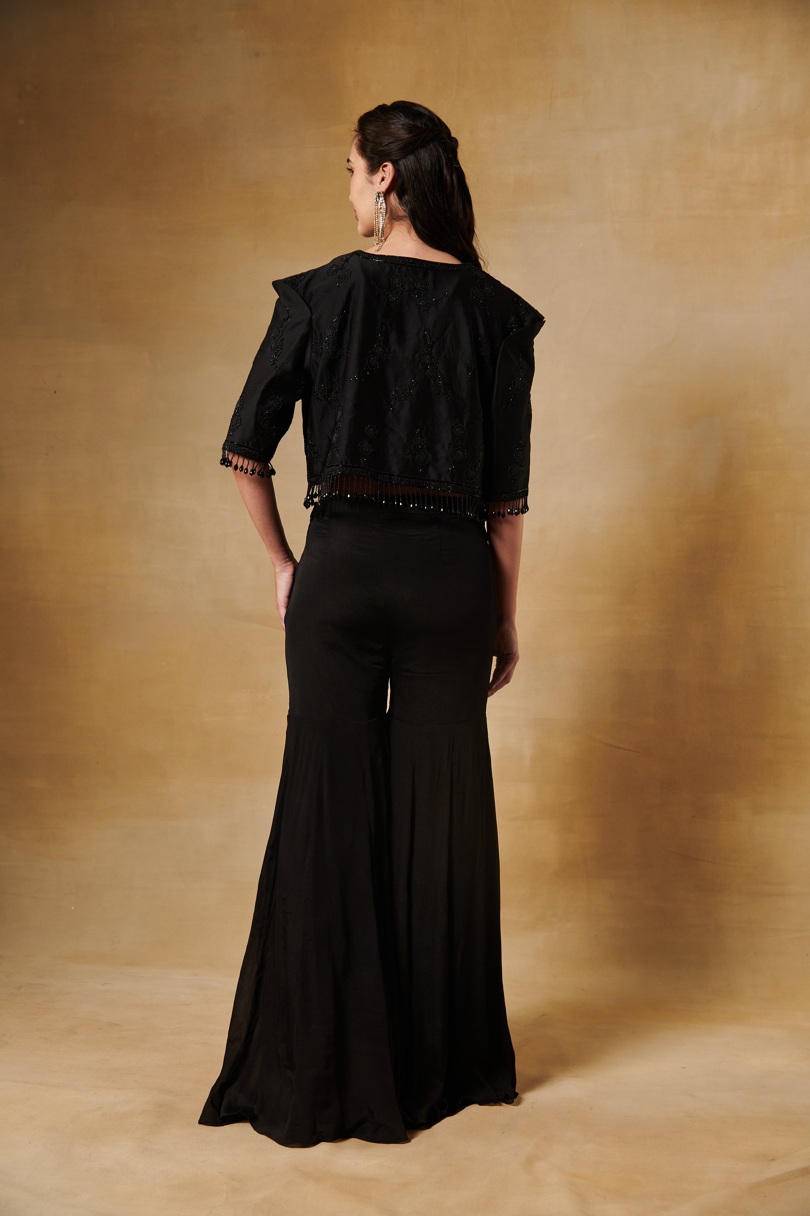 Midnight black 3pcs set with crop tassel jacket paired with black wide leg pants