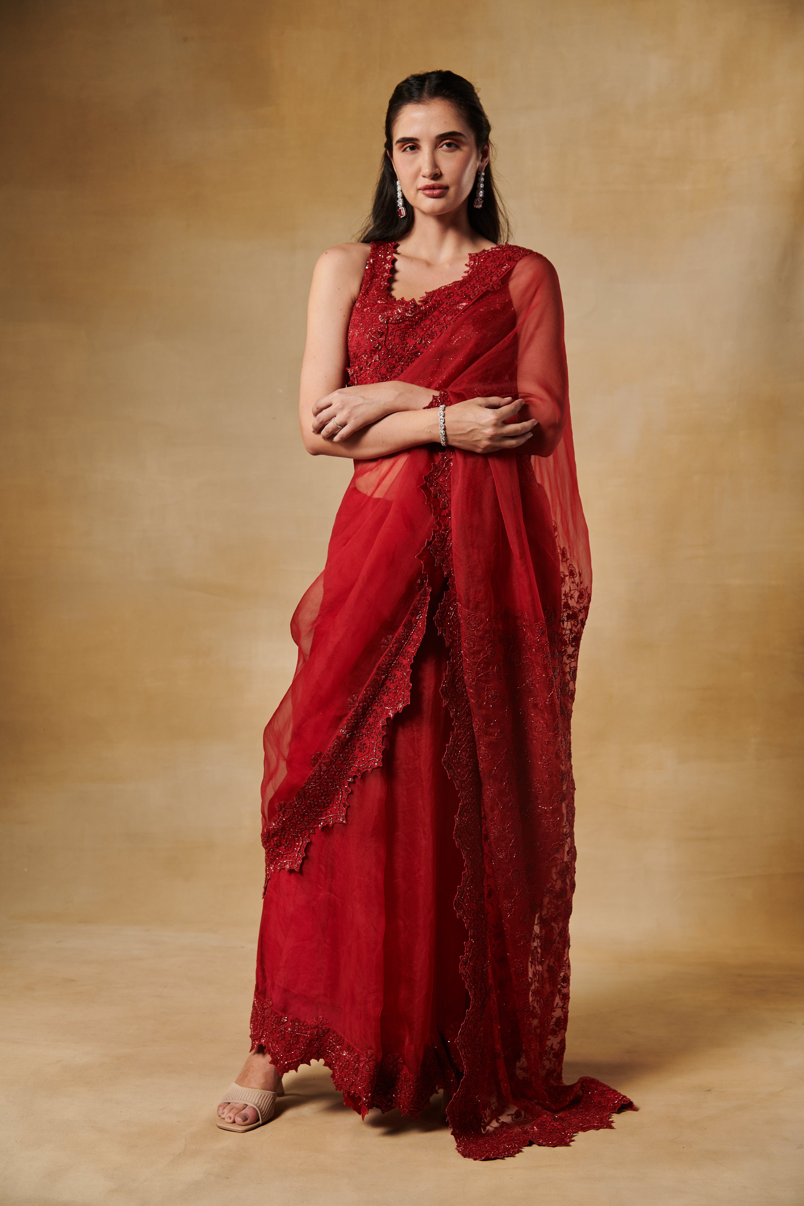 Barn Red Cutdana heavy embroidery saree in Silk organza with cutdana embroidery blouse