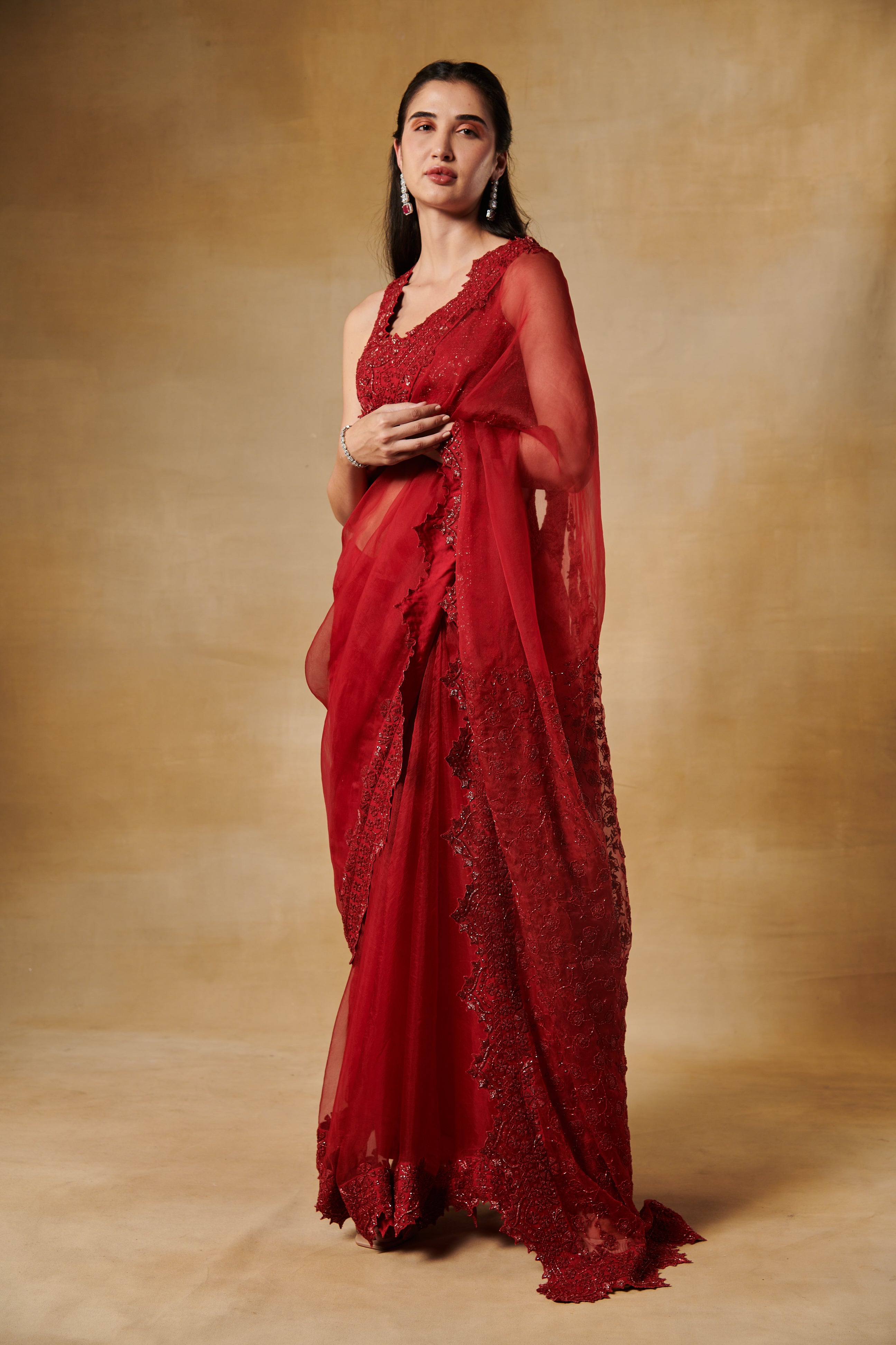 Barn Red Cutdana heavy embroidery saree in Silk organza with cutdana embroidery blouse