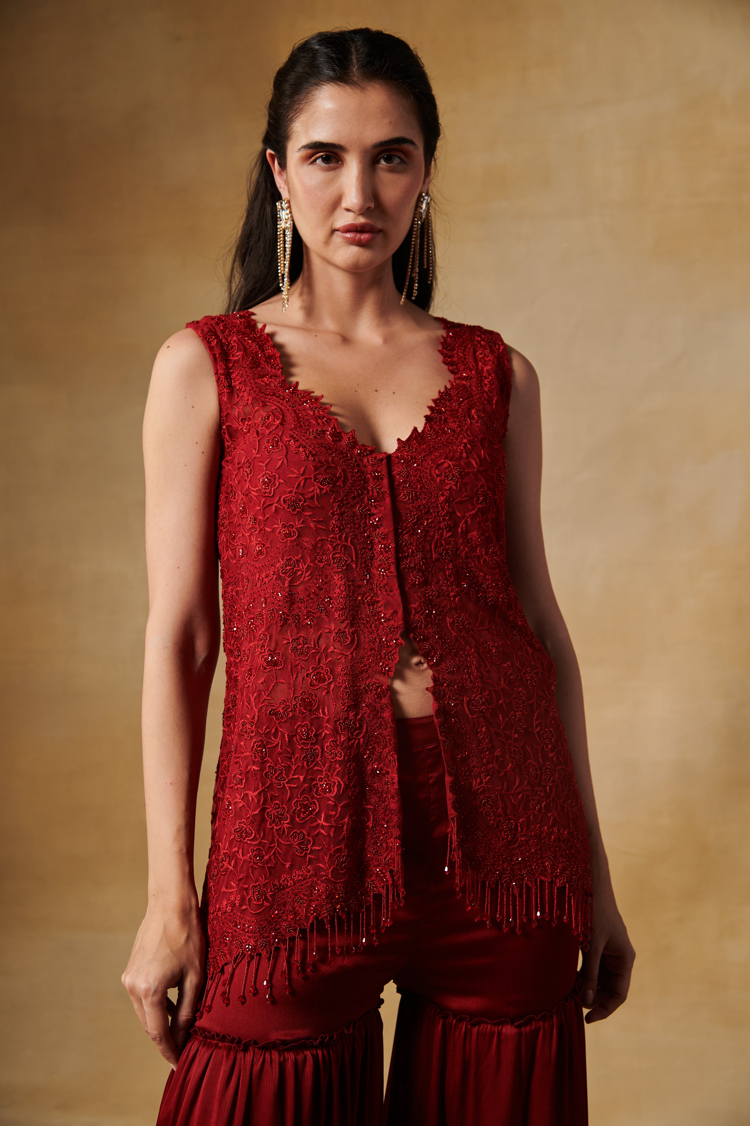 Barn red front open peplum jacket with ruffle gharara.