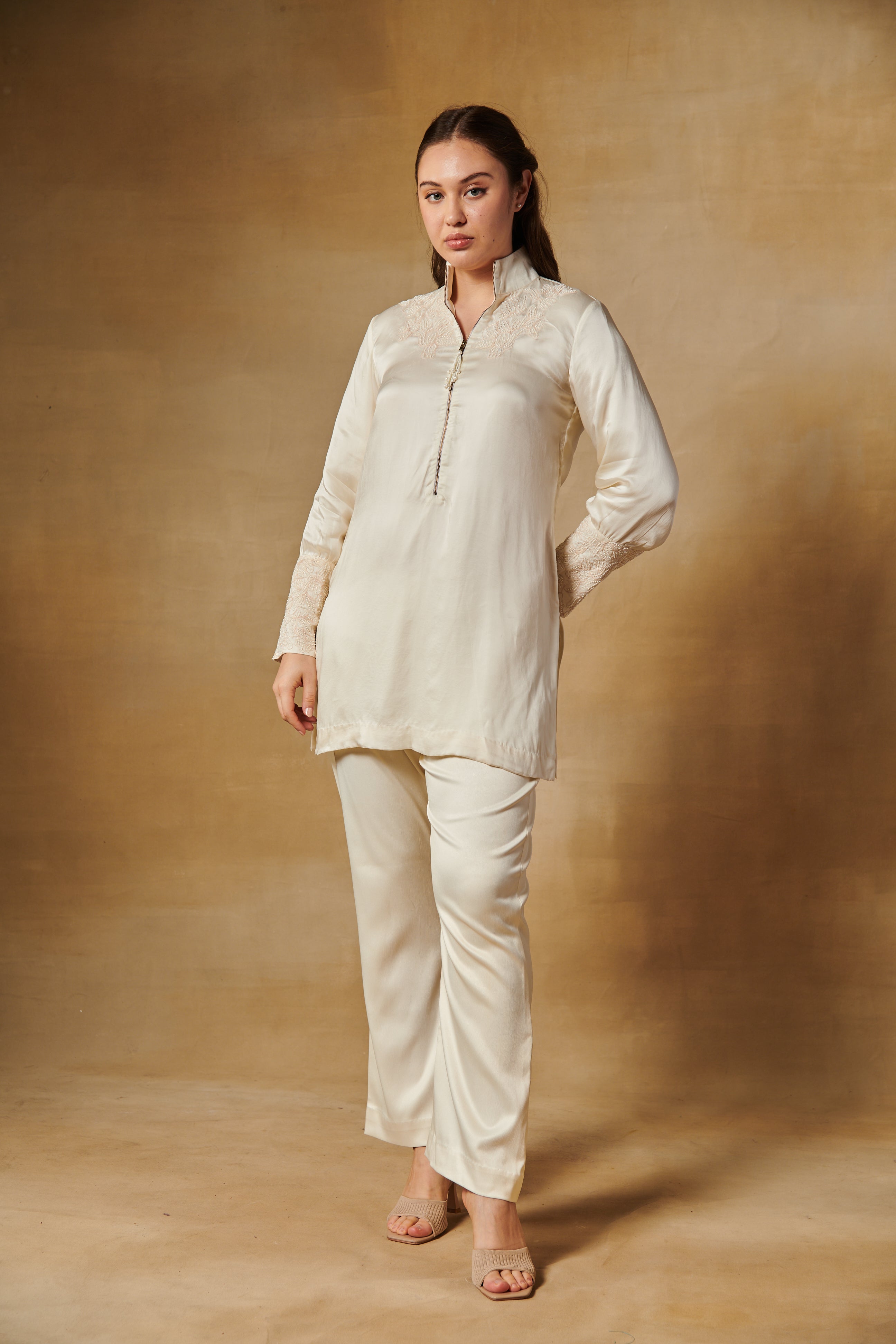 shell white co-ord set with embroidereed cuff sleeves