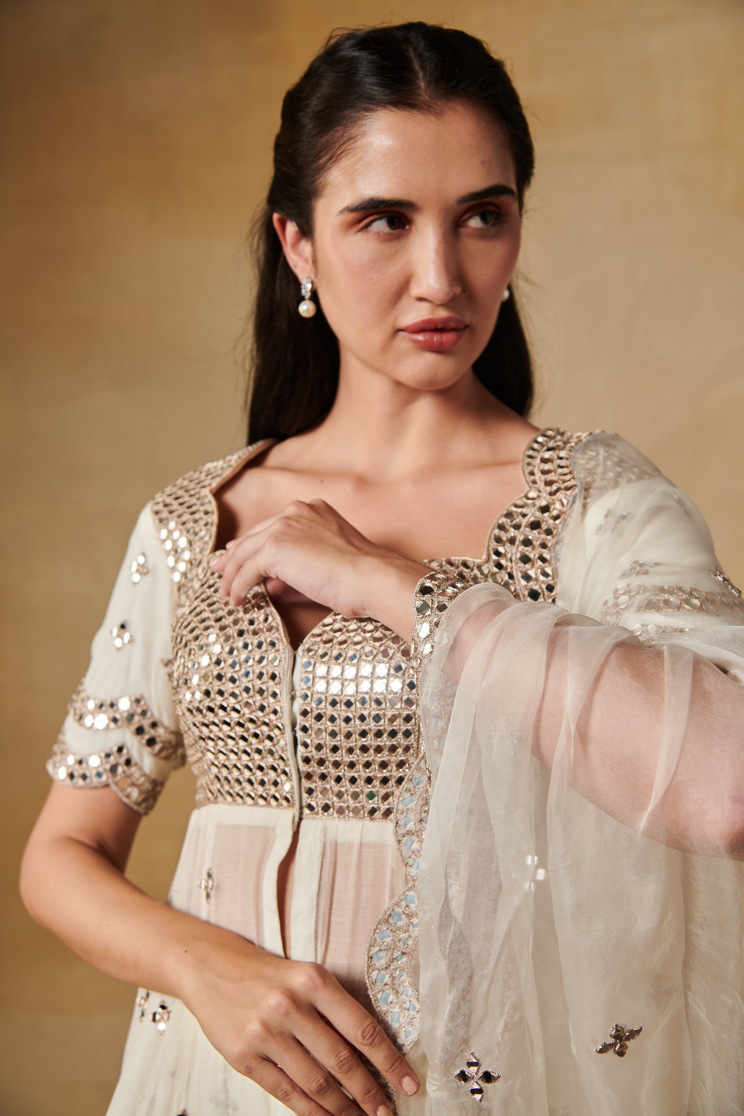 Ivory white mirror work peplum kurta with sharara and dupata