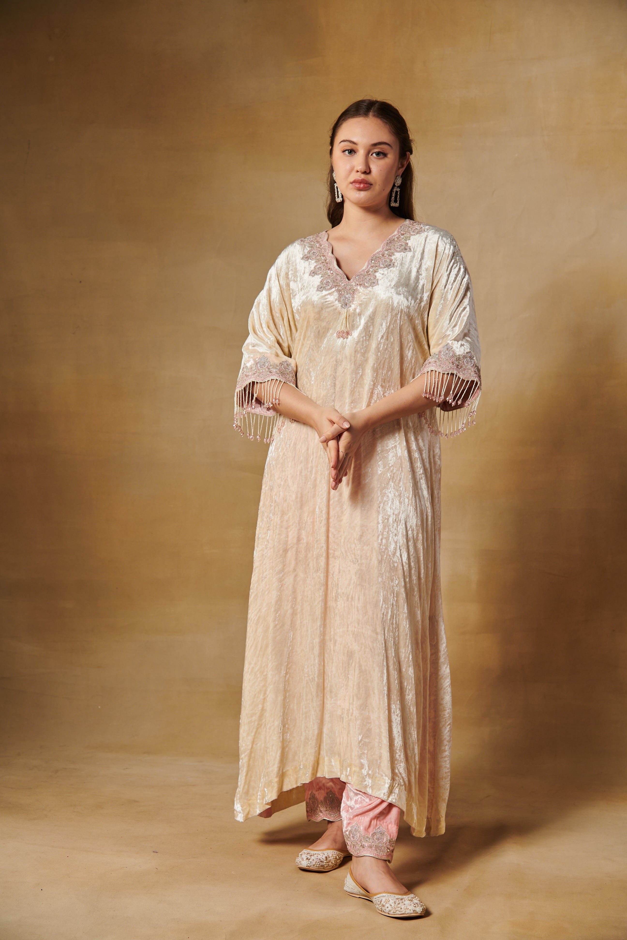 Pearl white velvet long kurta & pink salwar