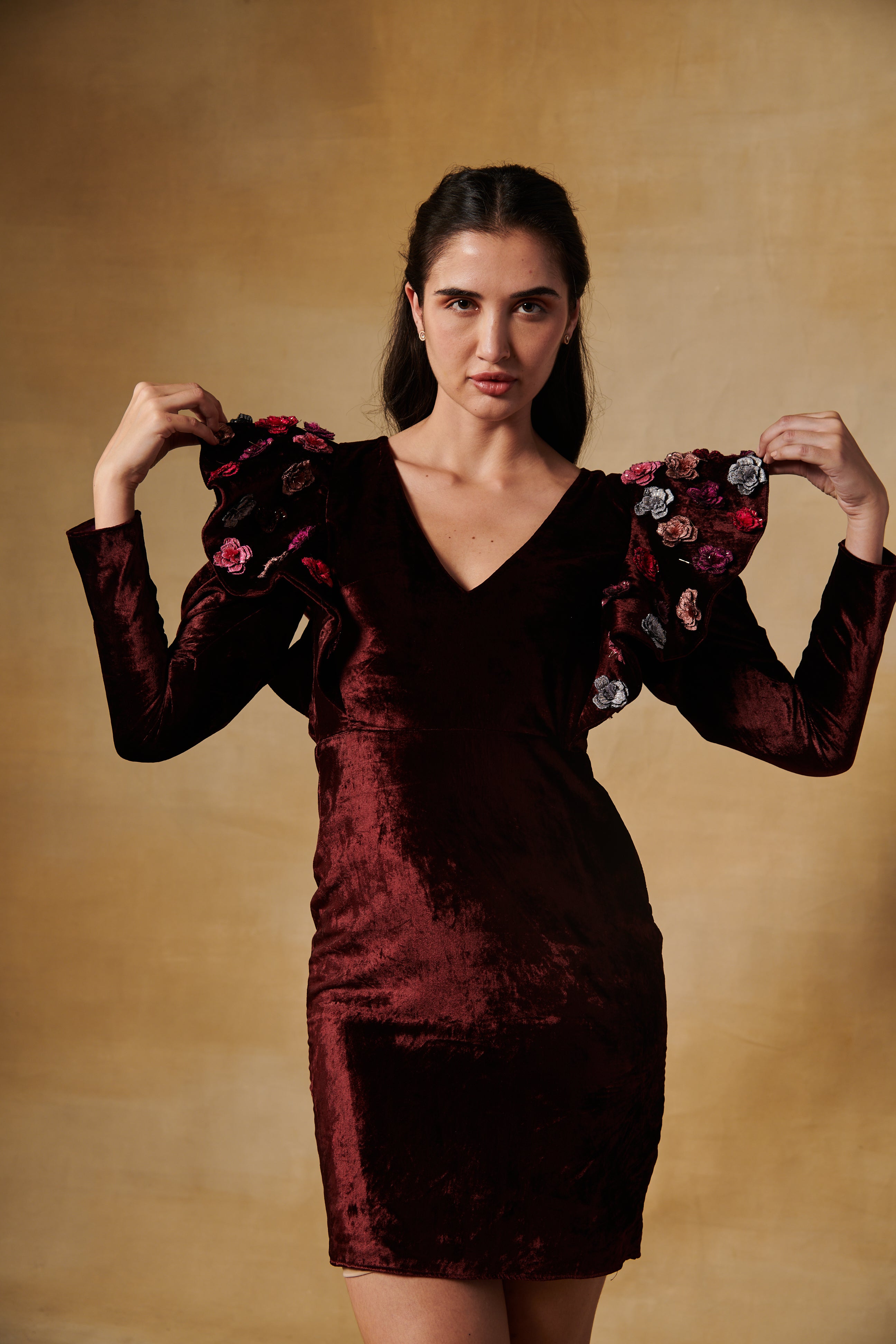 Deep maroon velvet cocktail dress with 3D flowers