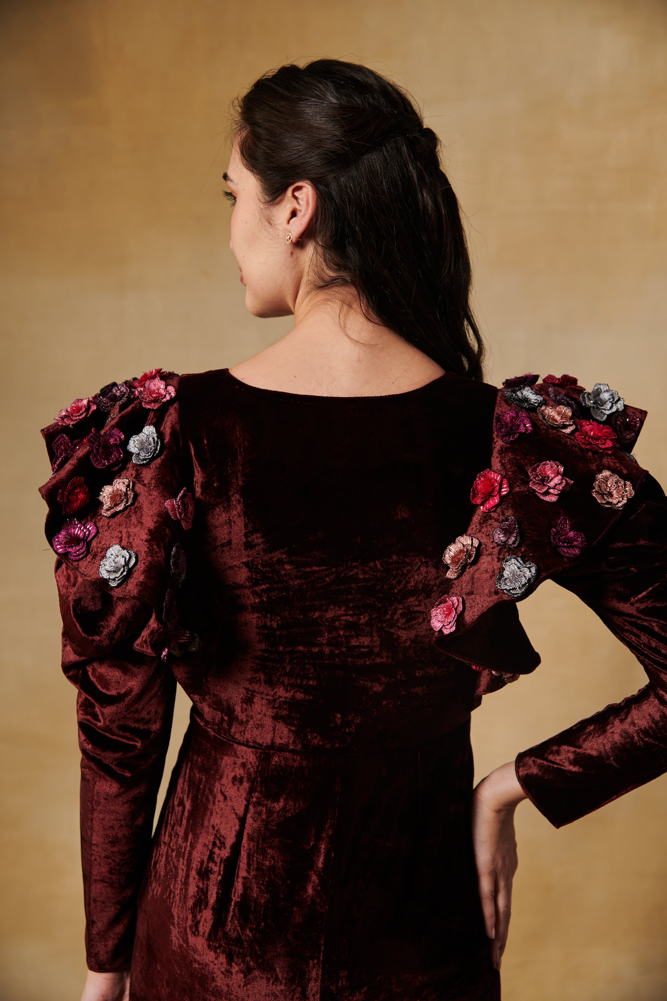 Deep maroon velvet cocktail dress with 3D flowers