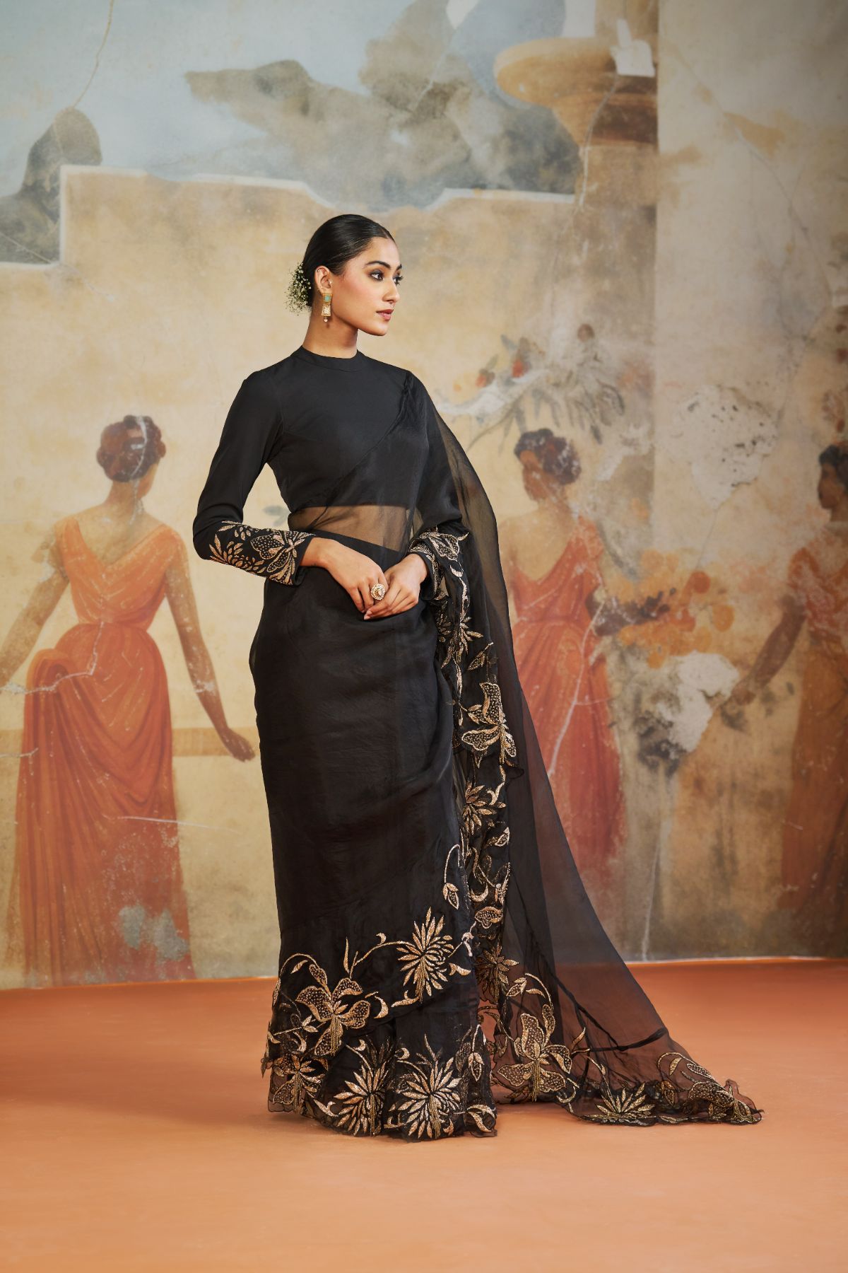 Black ruffle saree set