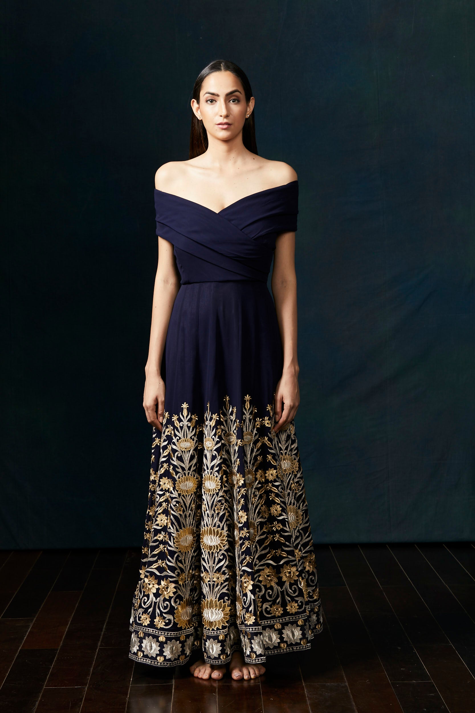 Navy off shoulder lotus gown