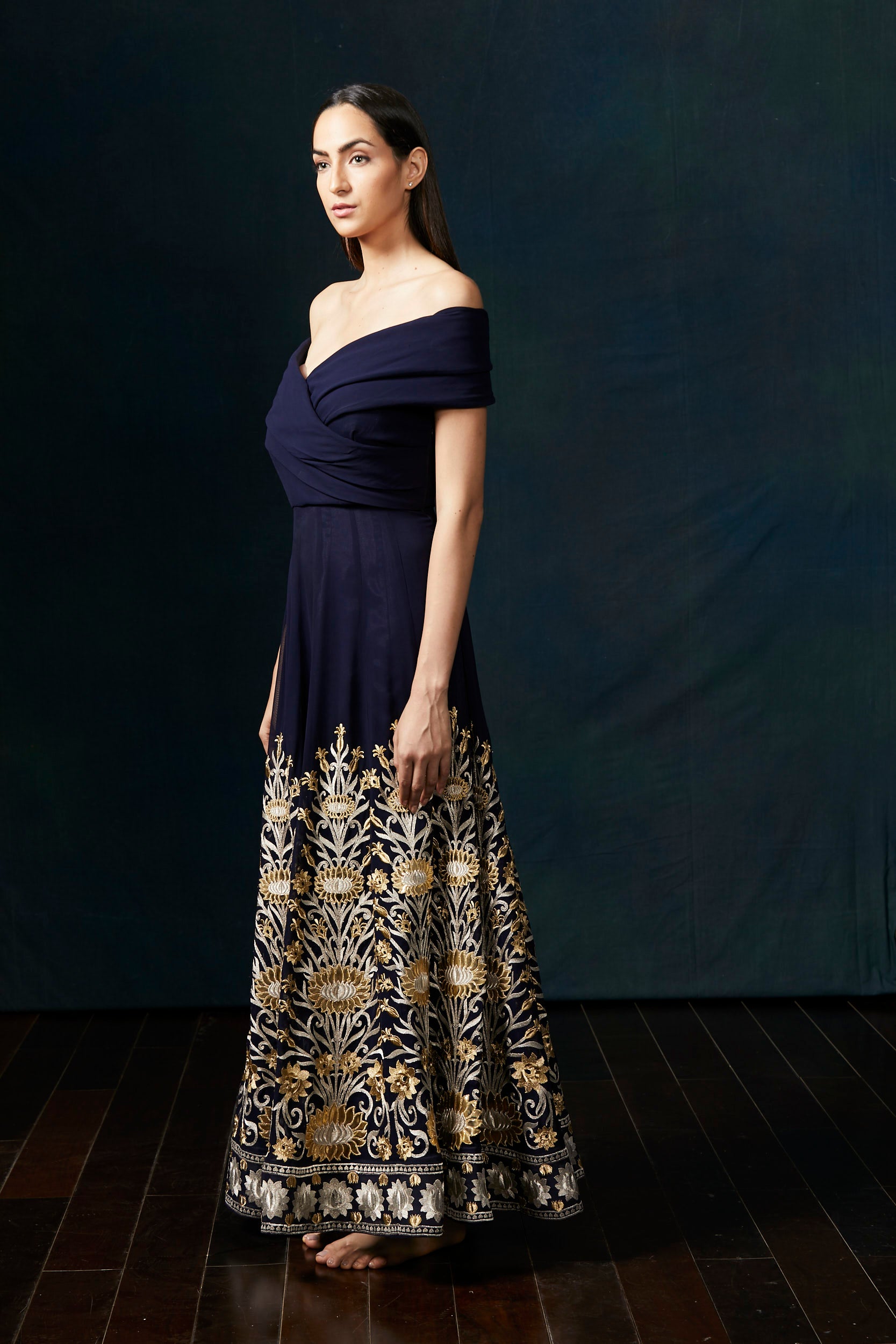 Navy off shoulder lotus gown