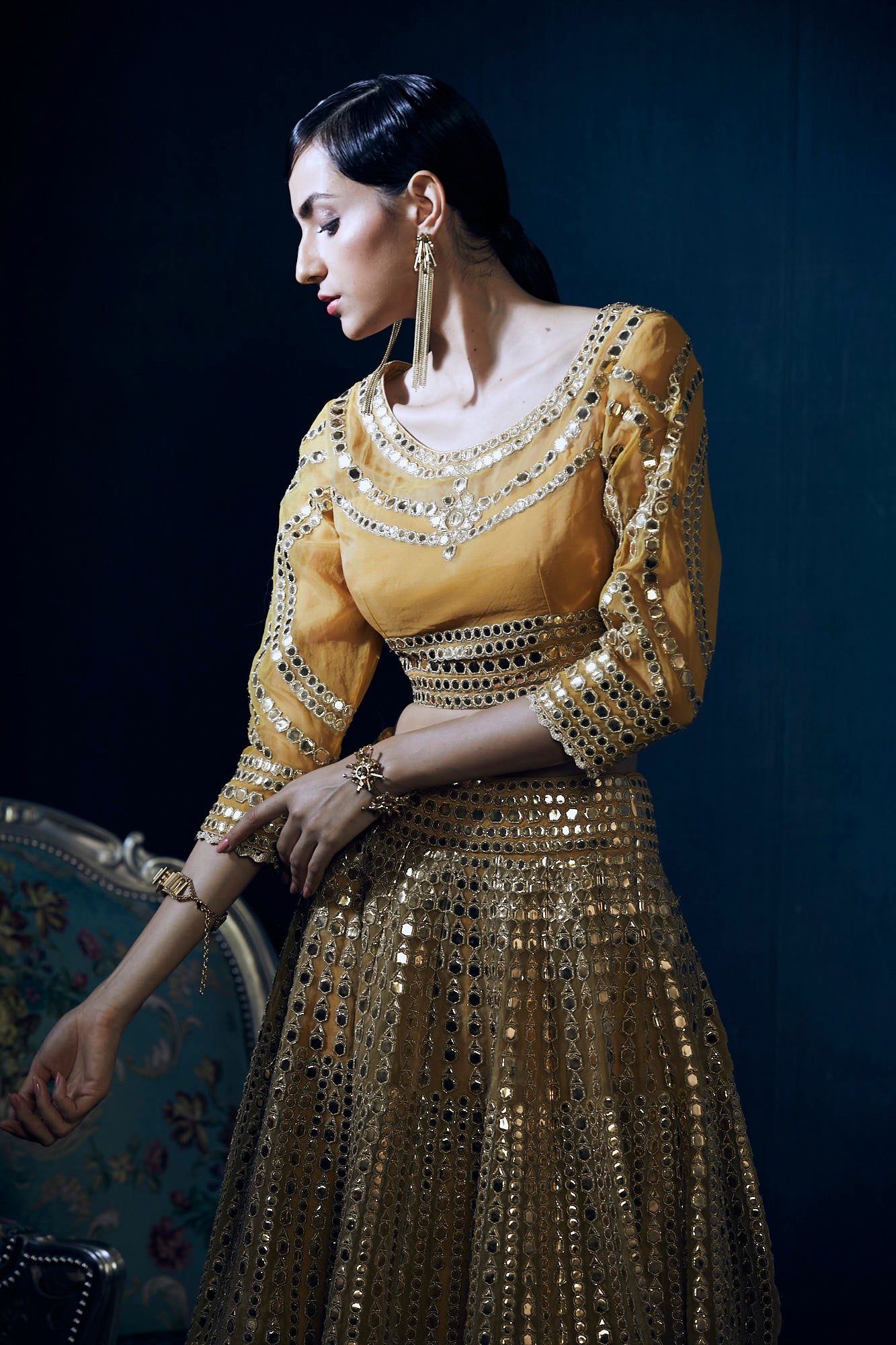 Mustard and gold heavy embroidery lehenga