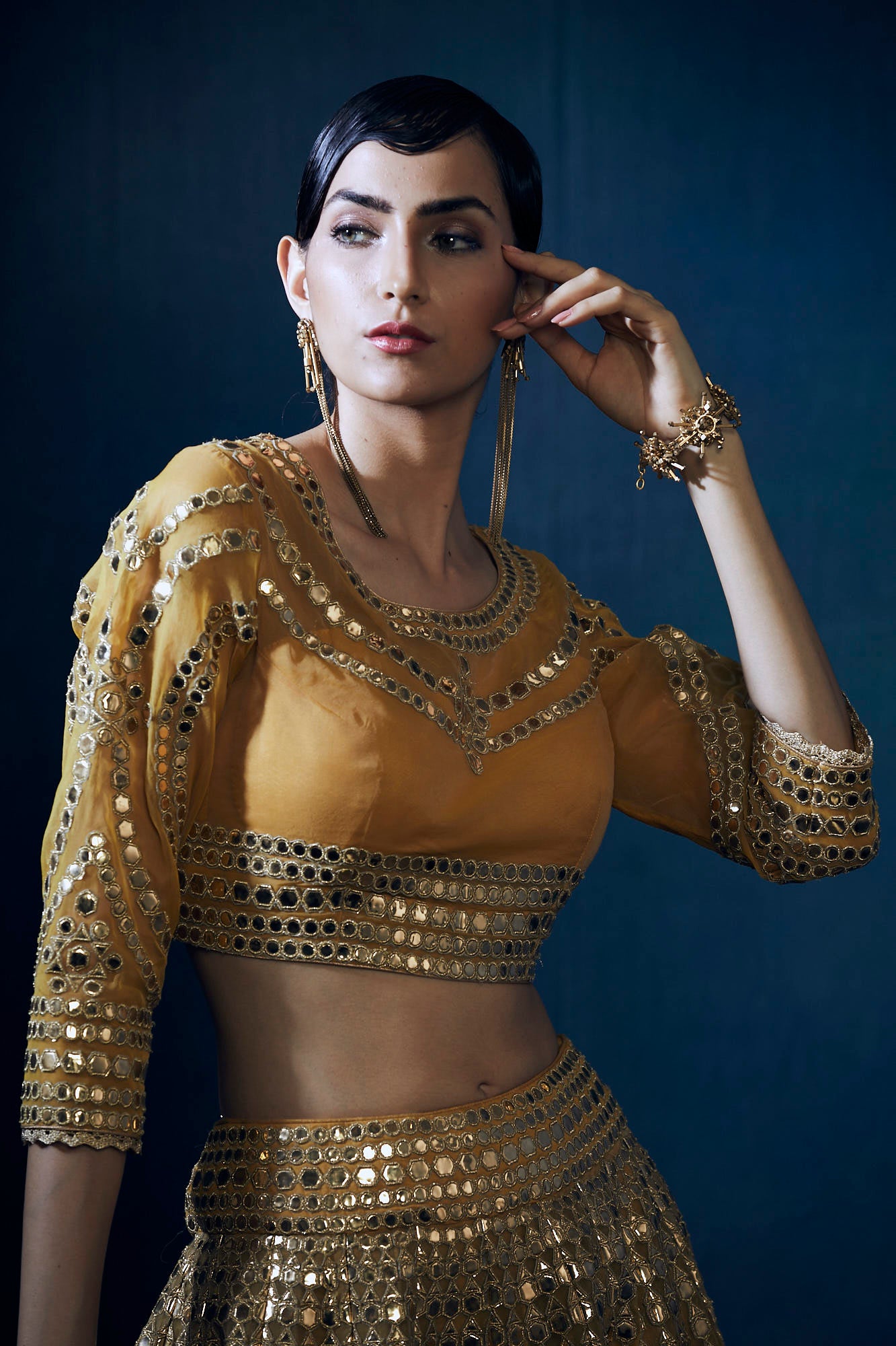 Mustard and gold heavy embroidery lehenga