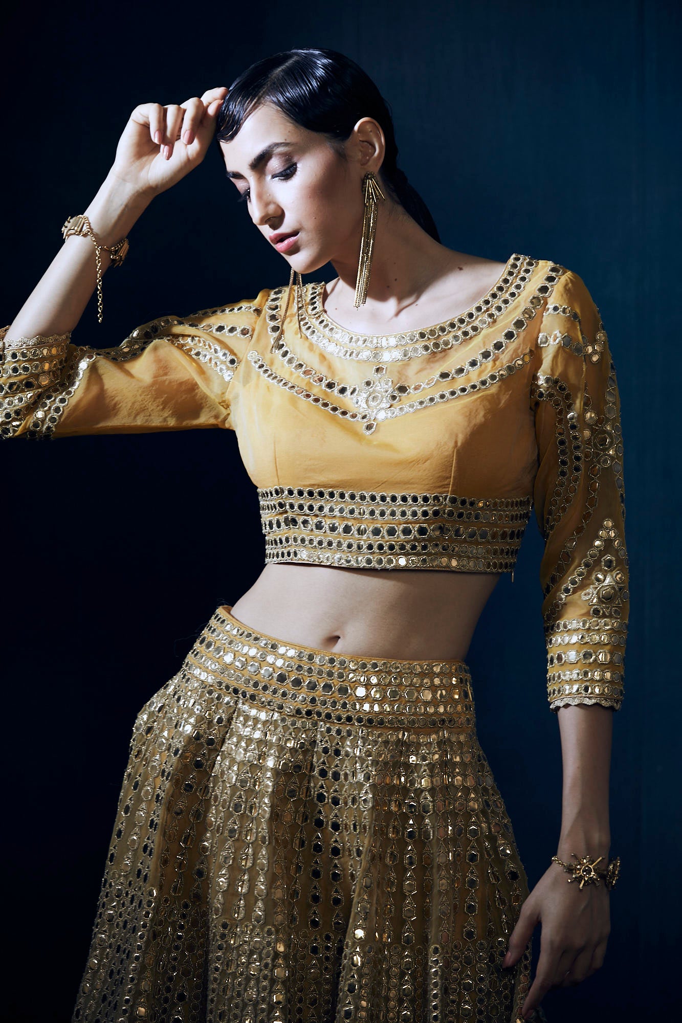 Mustard and gold heavy embroidery lehenga