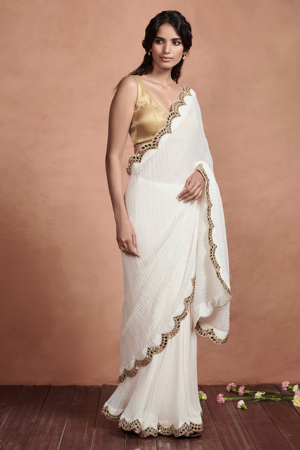 Ivory Mirror Work Saree Set