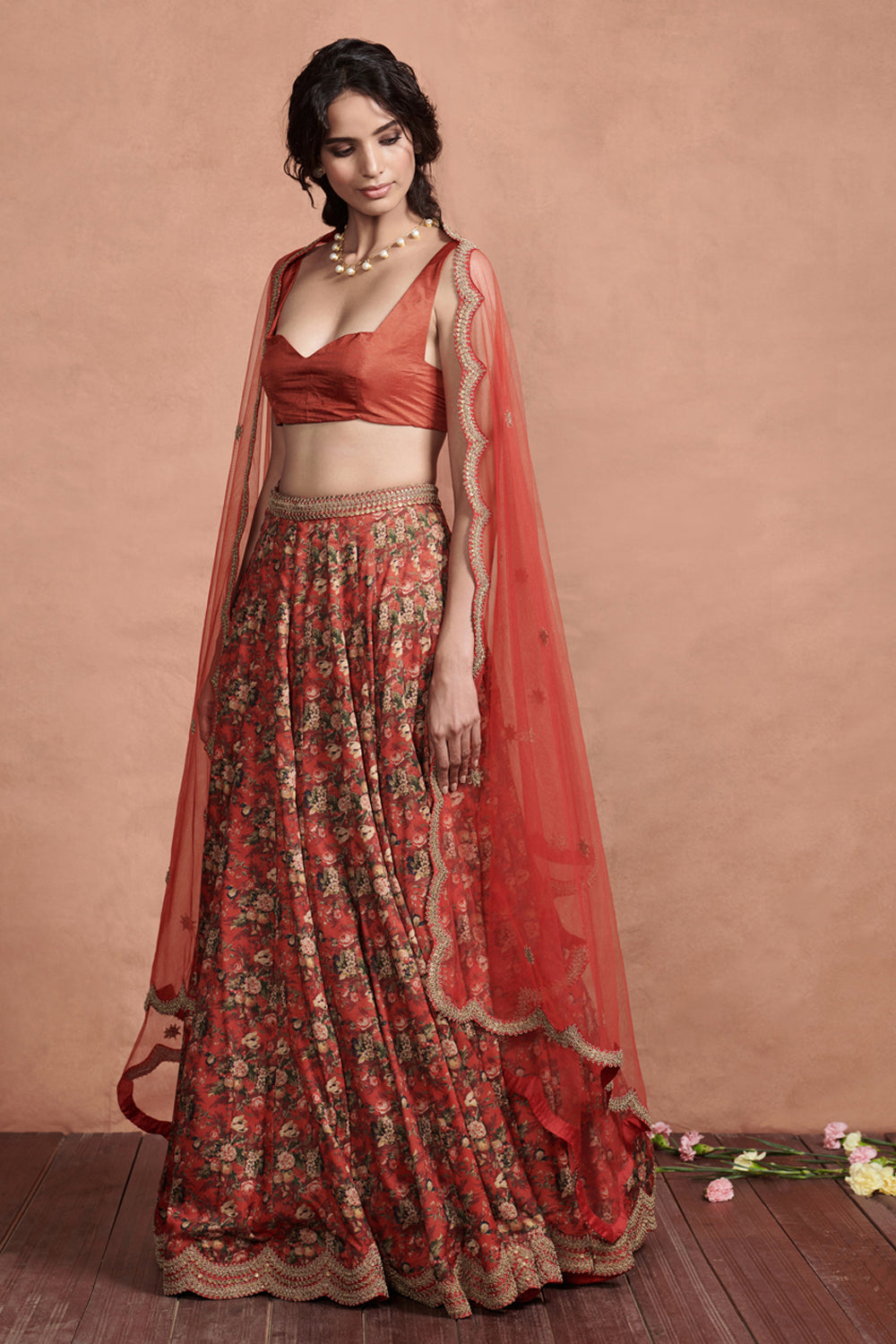 Marori Embroidery Crimson Red Printed Floral Lehenga Set