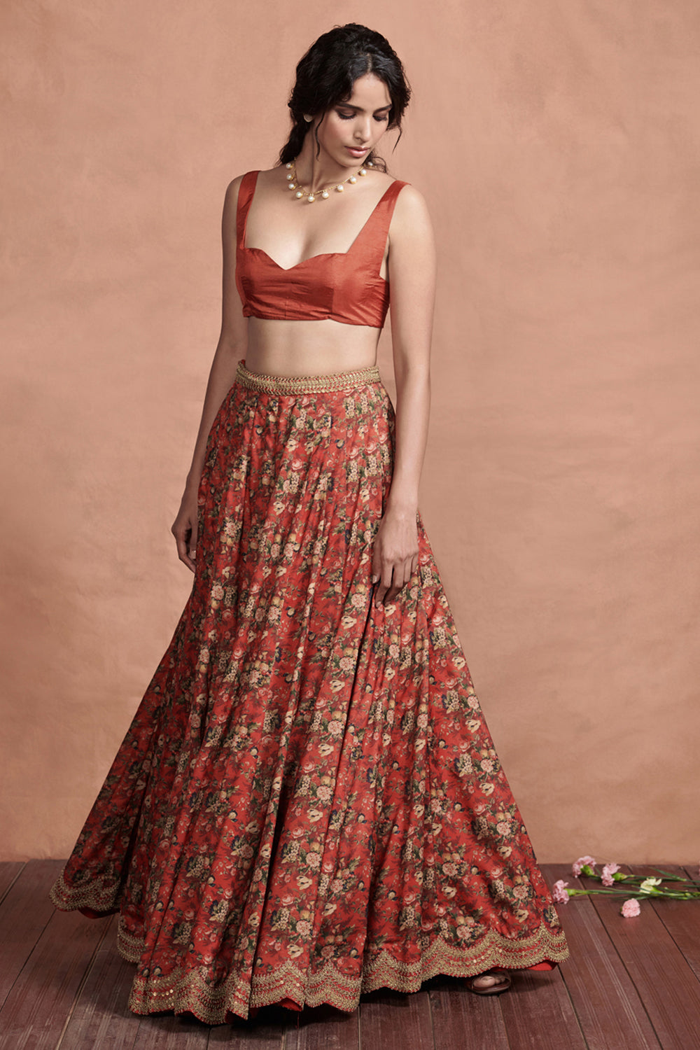 Marori Embroidery Crimson Red Printed Floral Lehenga Set