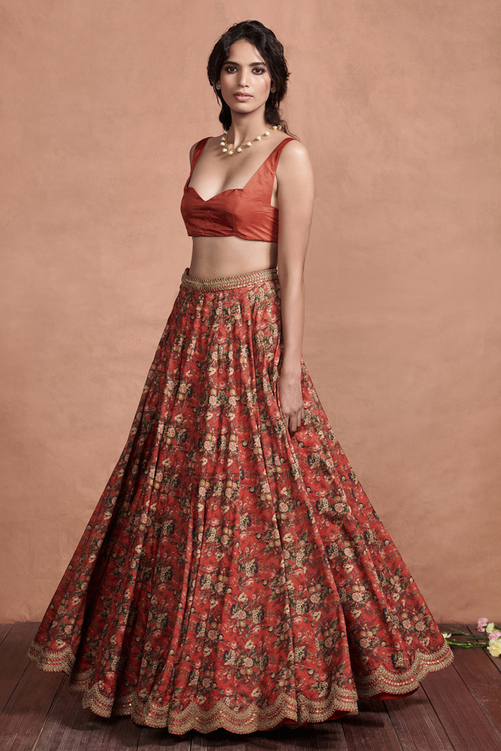 Marori Embroidery Crimson Red Printed Floral Lehenga Set