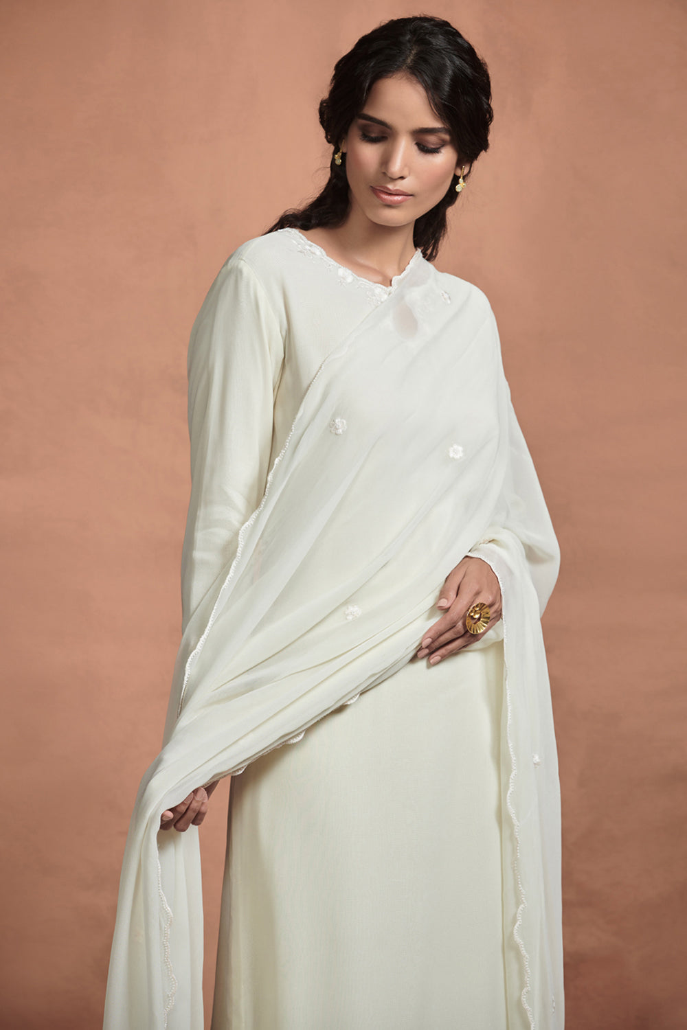 Pearl White Tone-on-tone Georgette Kurta Set