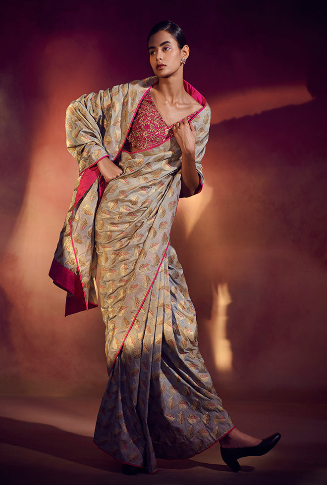 Clara || Cloud grey banarasi saree with  embellished fuschia blouse