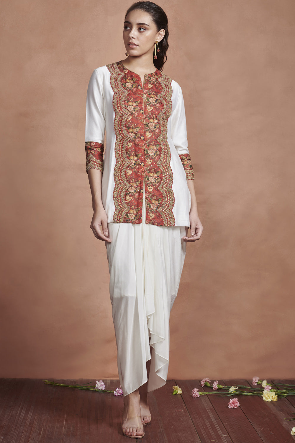 Cream White Printed Panel Kurta Set