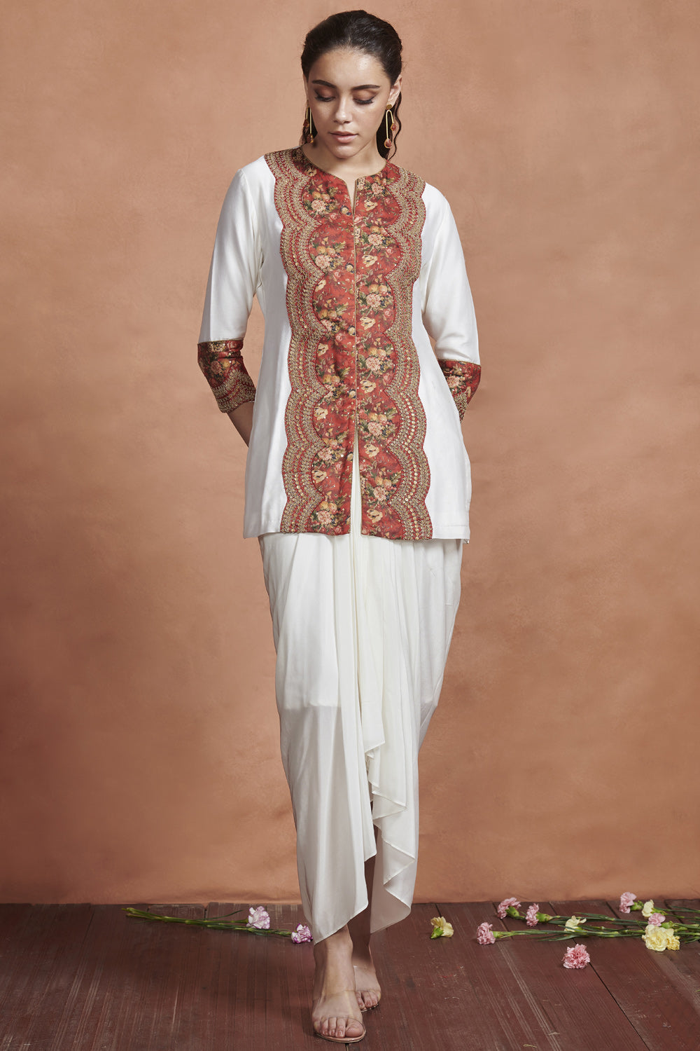 Cream White Printed Panel Kurta Set