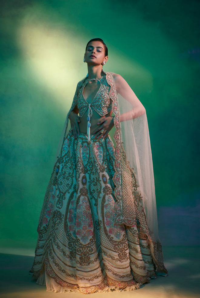 Adele ||  Pearl white and gold hand embroidered  lehenga