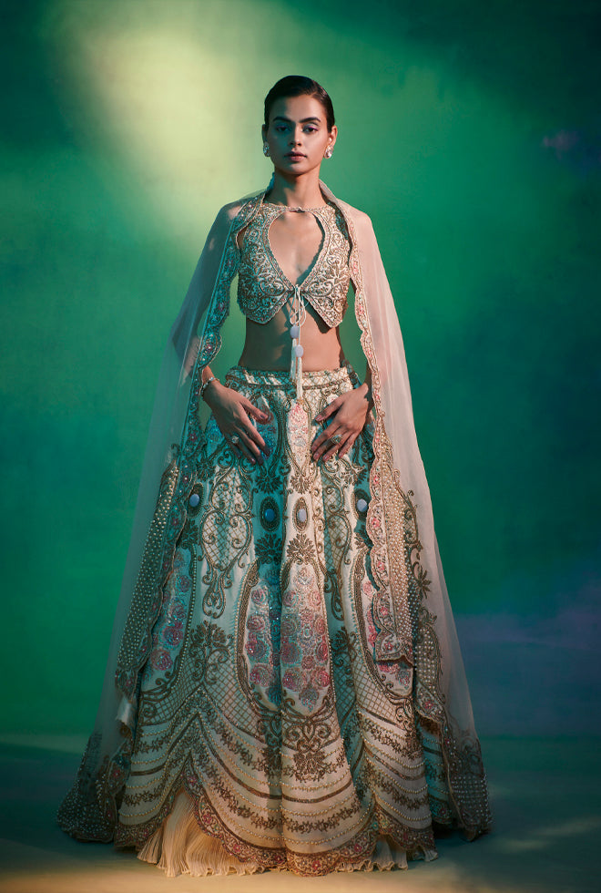 Adele ||  Pearl white and gold hand embroidered  lehenga