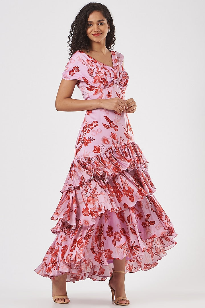 BLUS PINK PRINTED THREE -TIERED DRESS