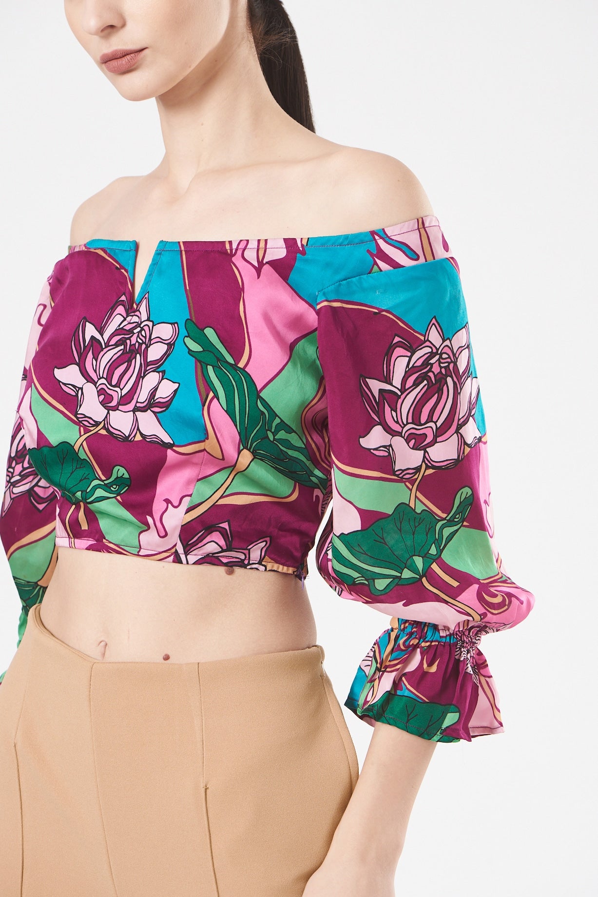 BURGUNDY PLUM FLORAL PRINTED OFF - SHOULDER TOP