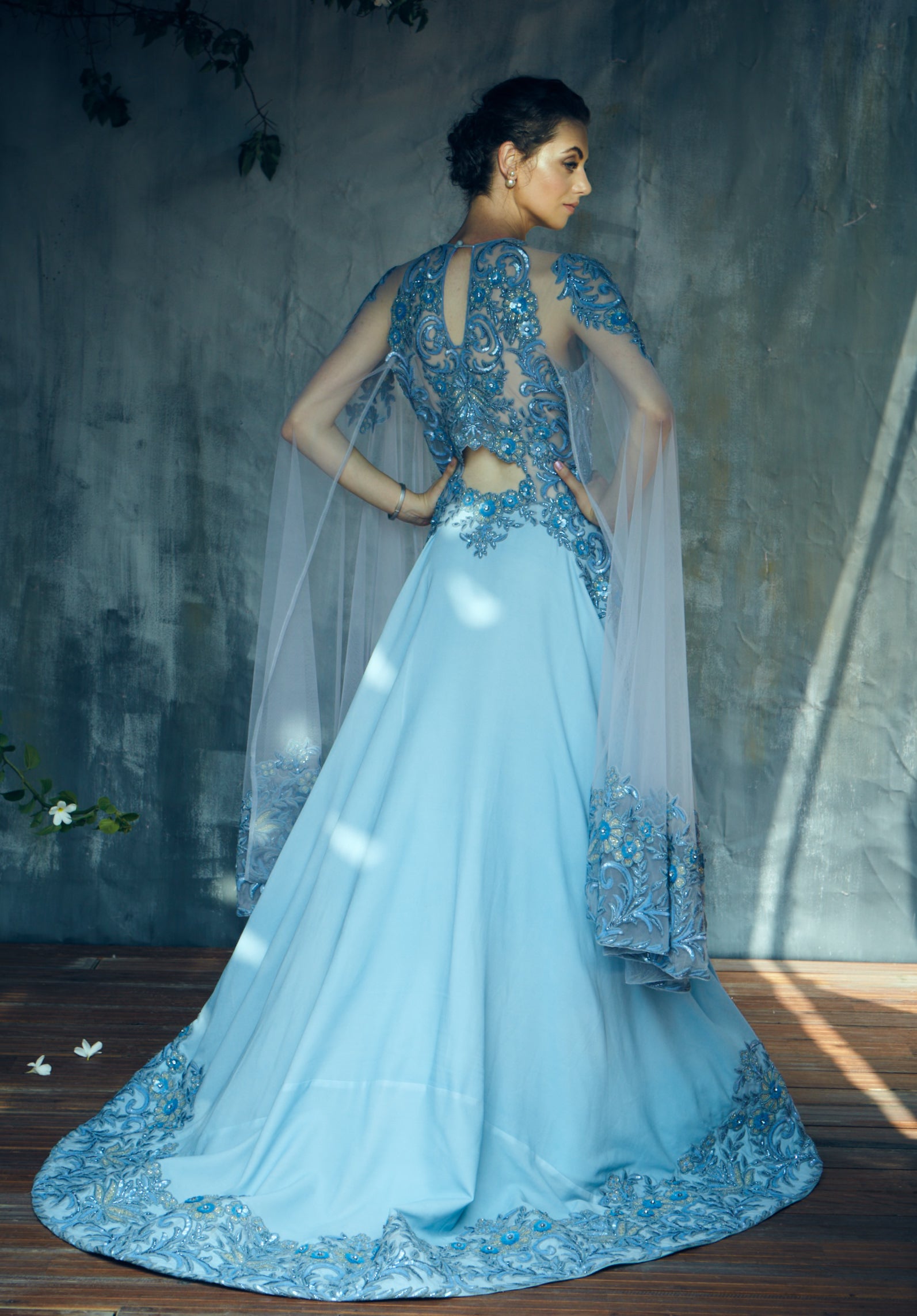 Powder Blue heavy embroidery cocktail gown with trail