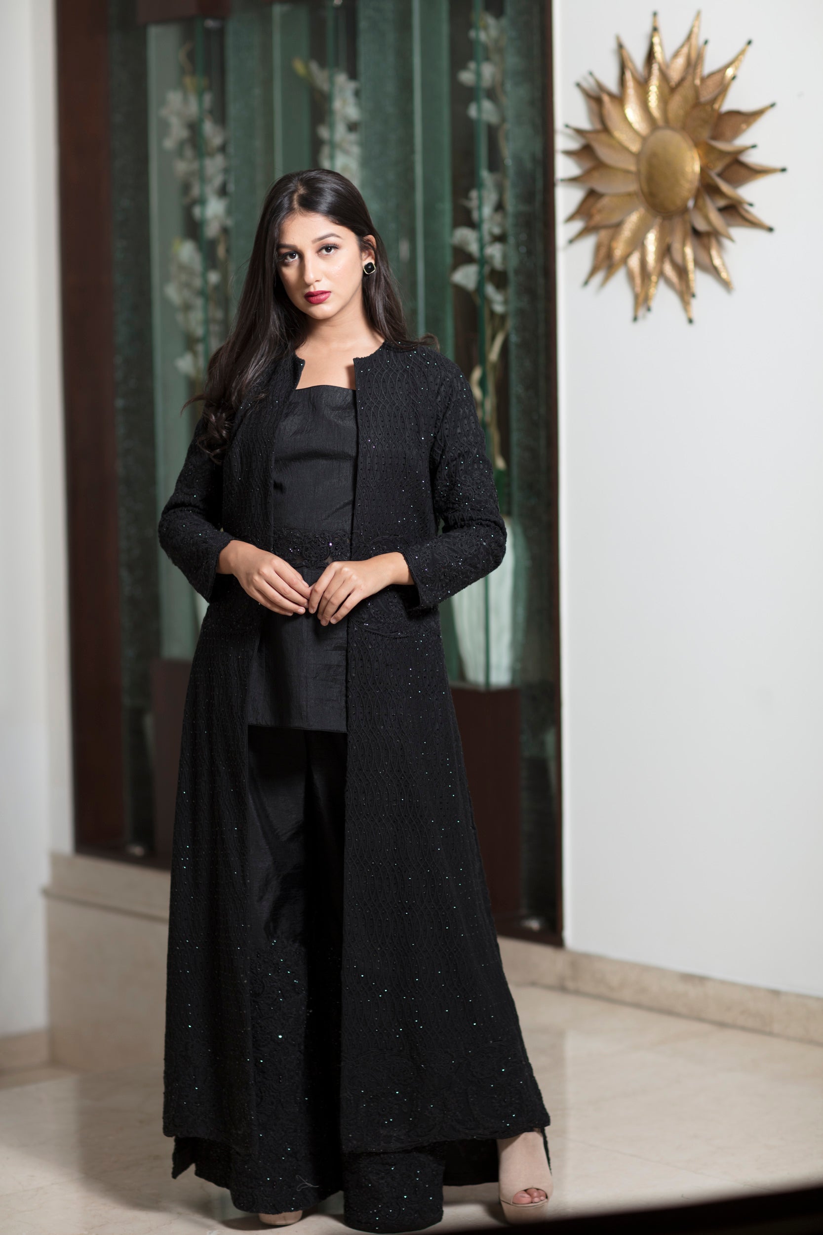 Heavy embroidery Black long jacket with top & pants