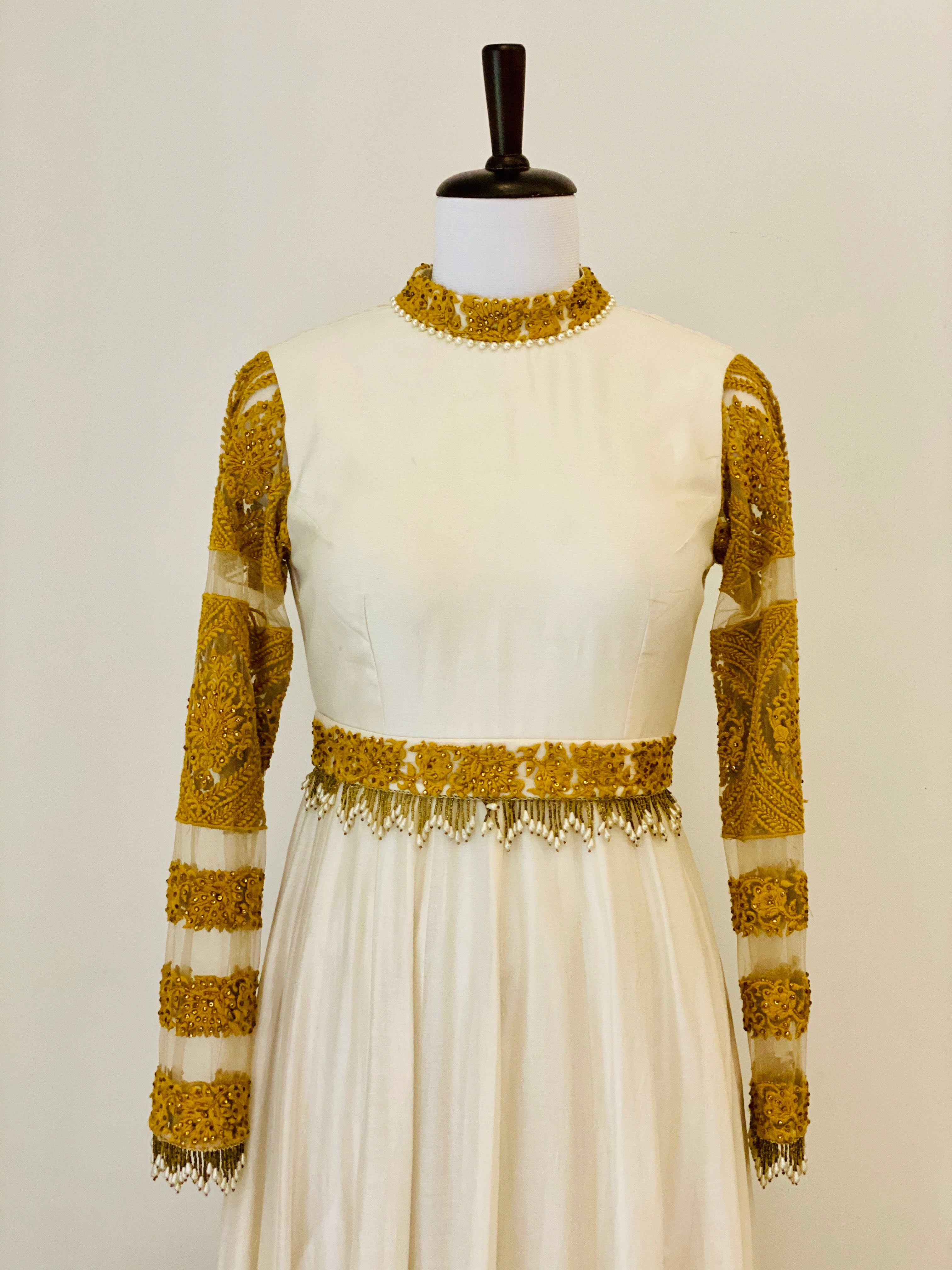 Ivory Chanderi Anarkali with mustard thread work and belt