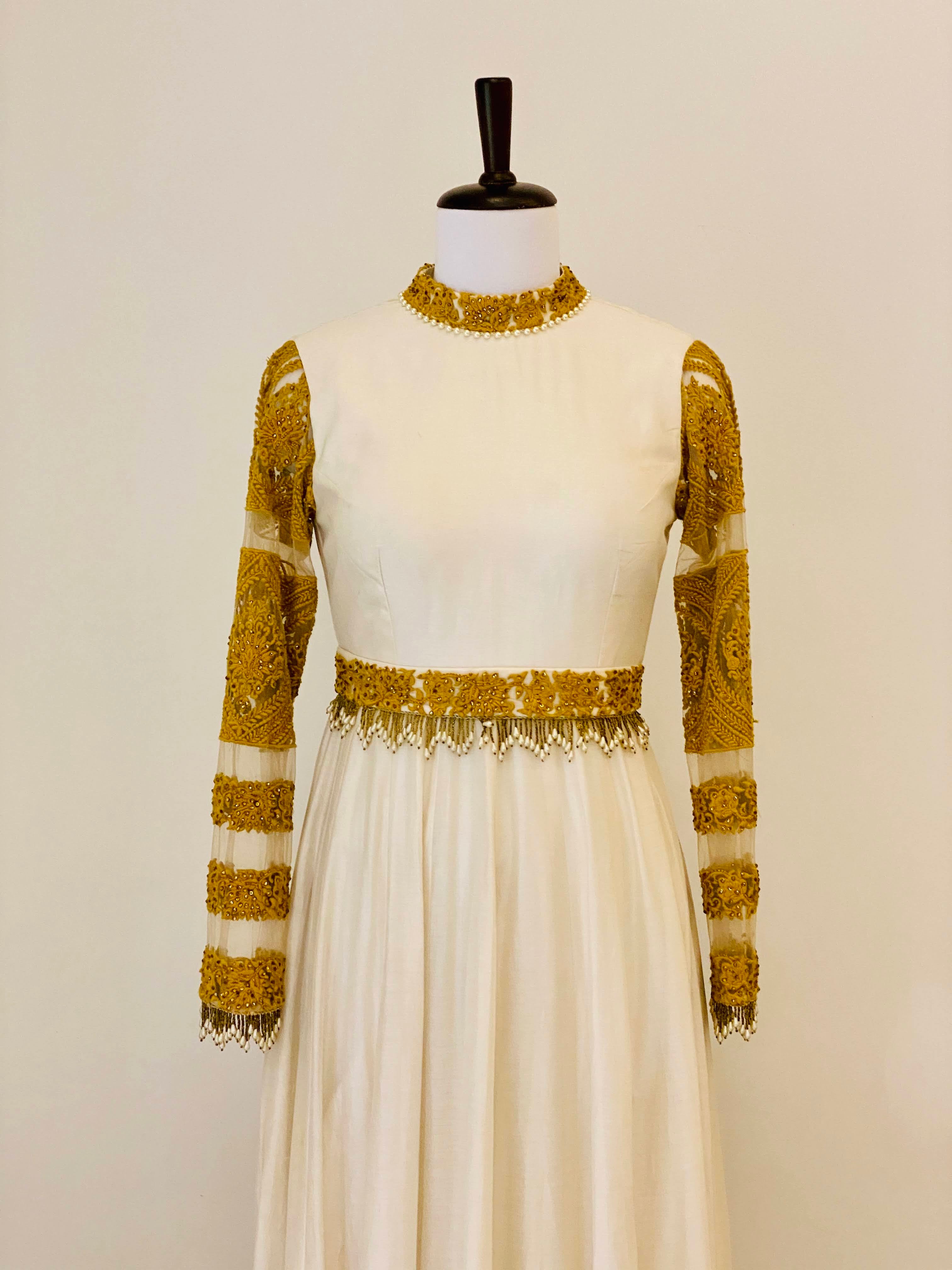 Ivory Chanderi Anarkali with mustard thread work and belt