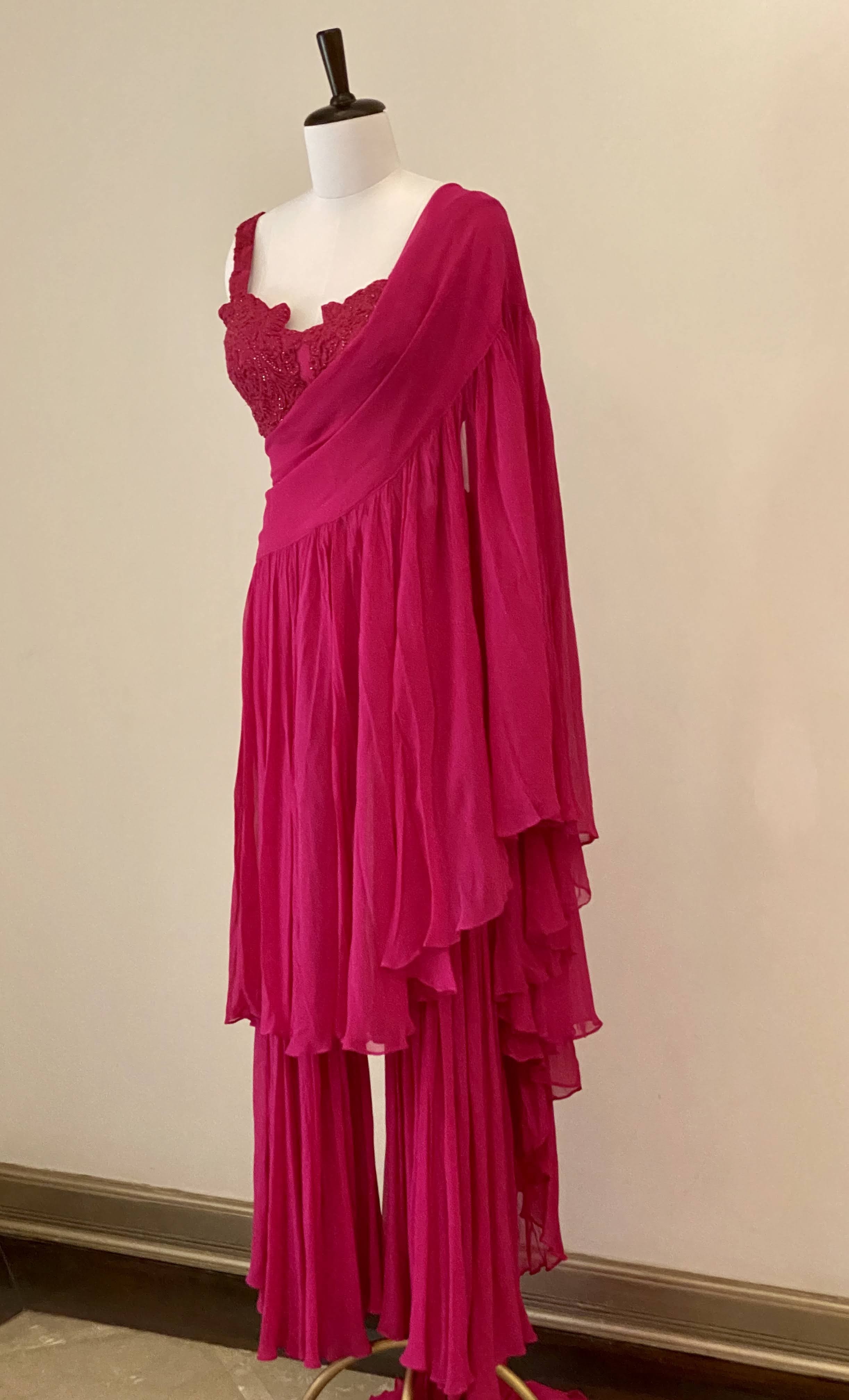 Fuchsia Pink Embroidered Blouse With Drape Dupatta And Pants