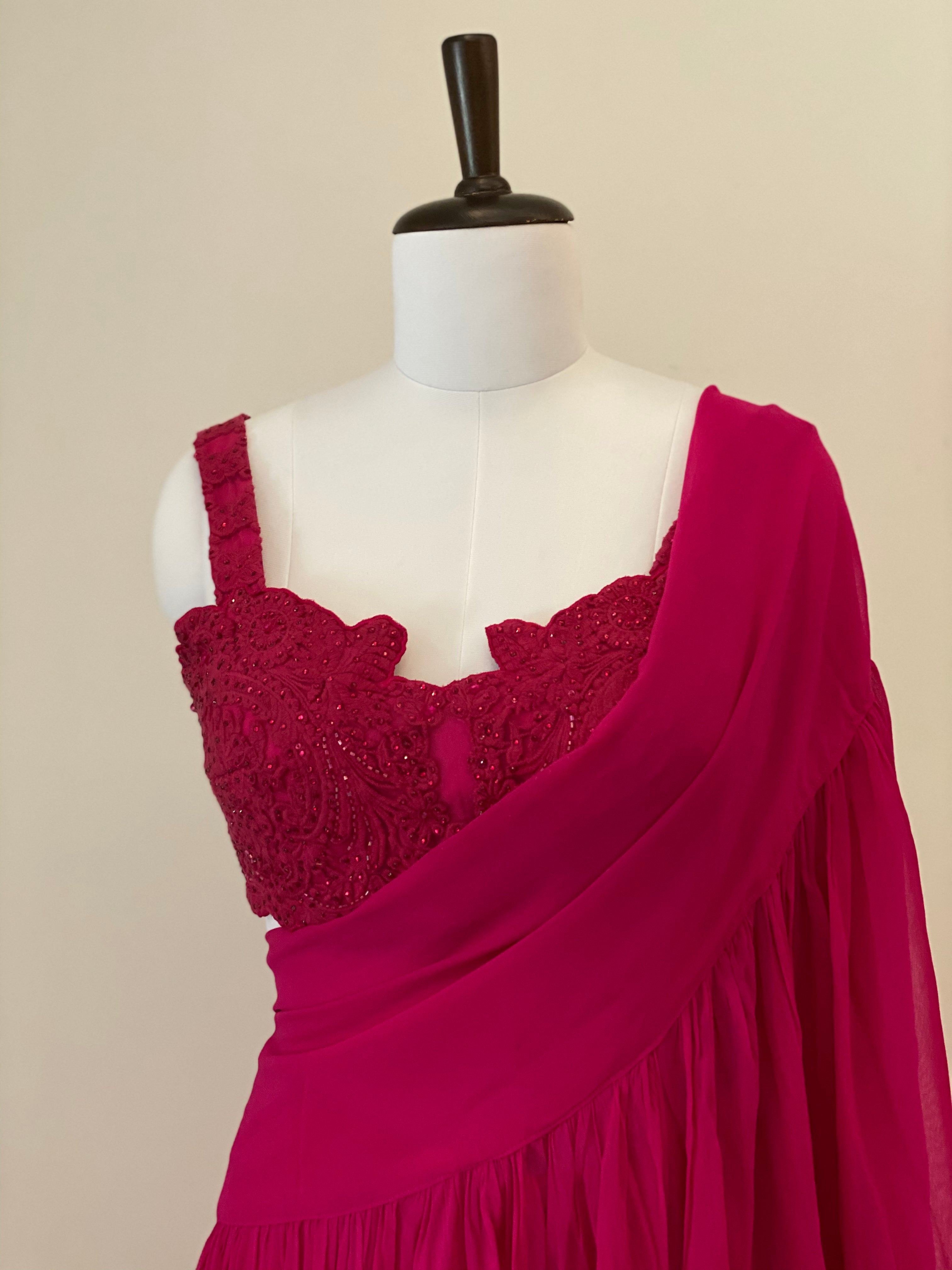 Fuchsia Pink Embroidered Blouse With Drape Dupatta And Pants