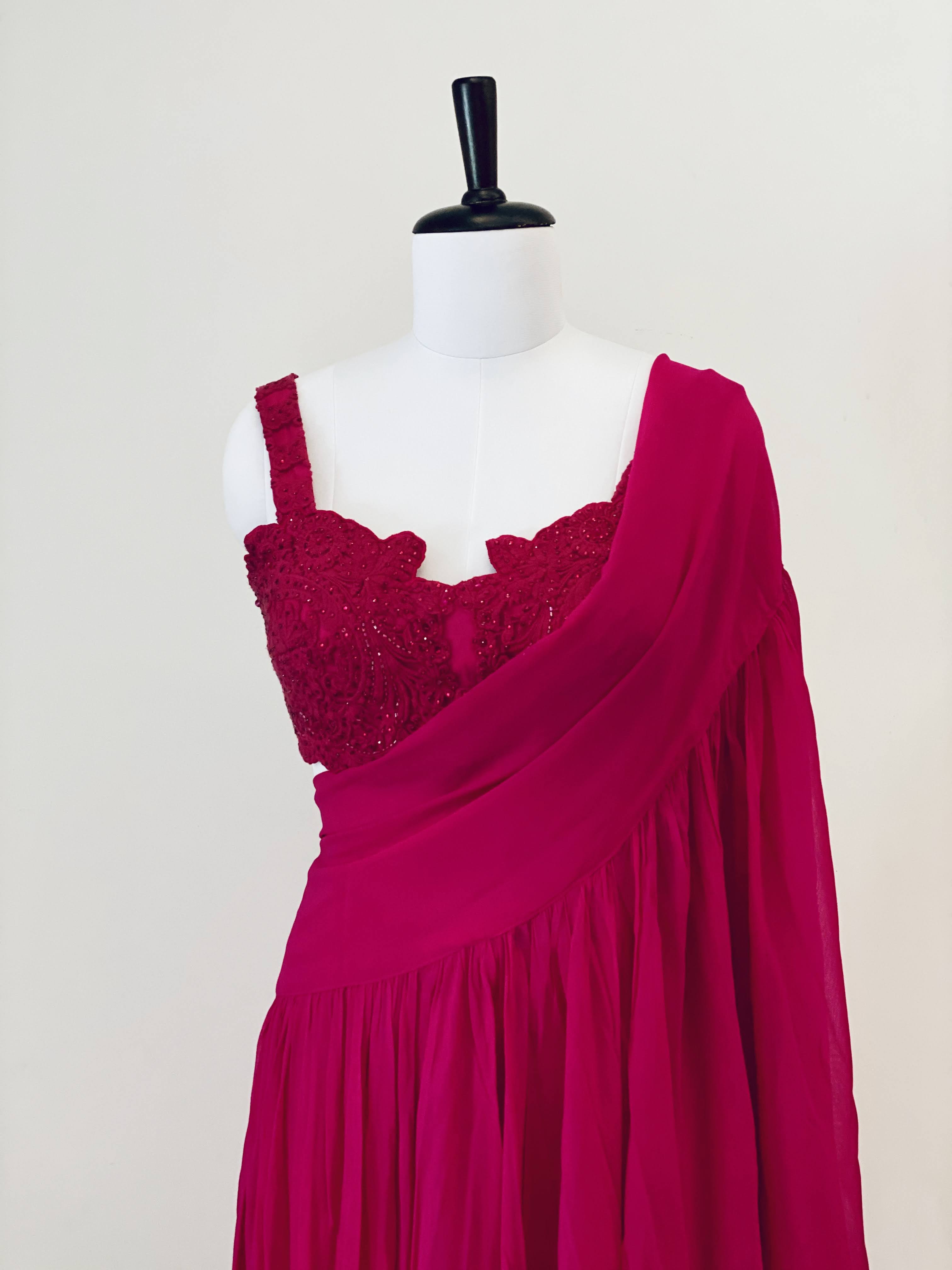 Fuchsia Pink Embroidered Blouse With Drape Dupatta And Pants