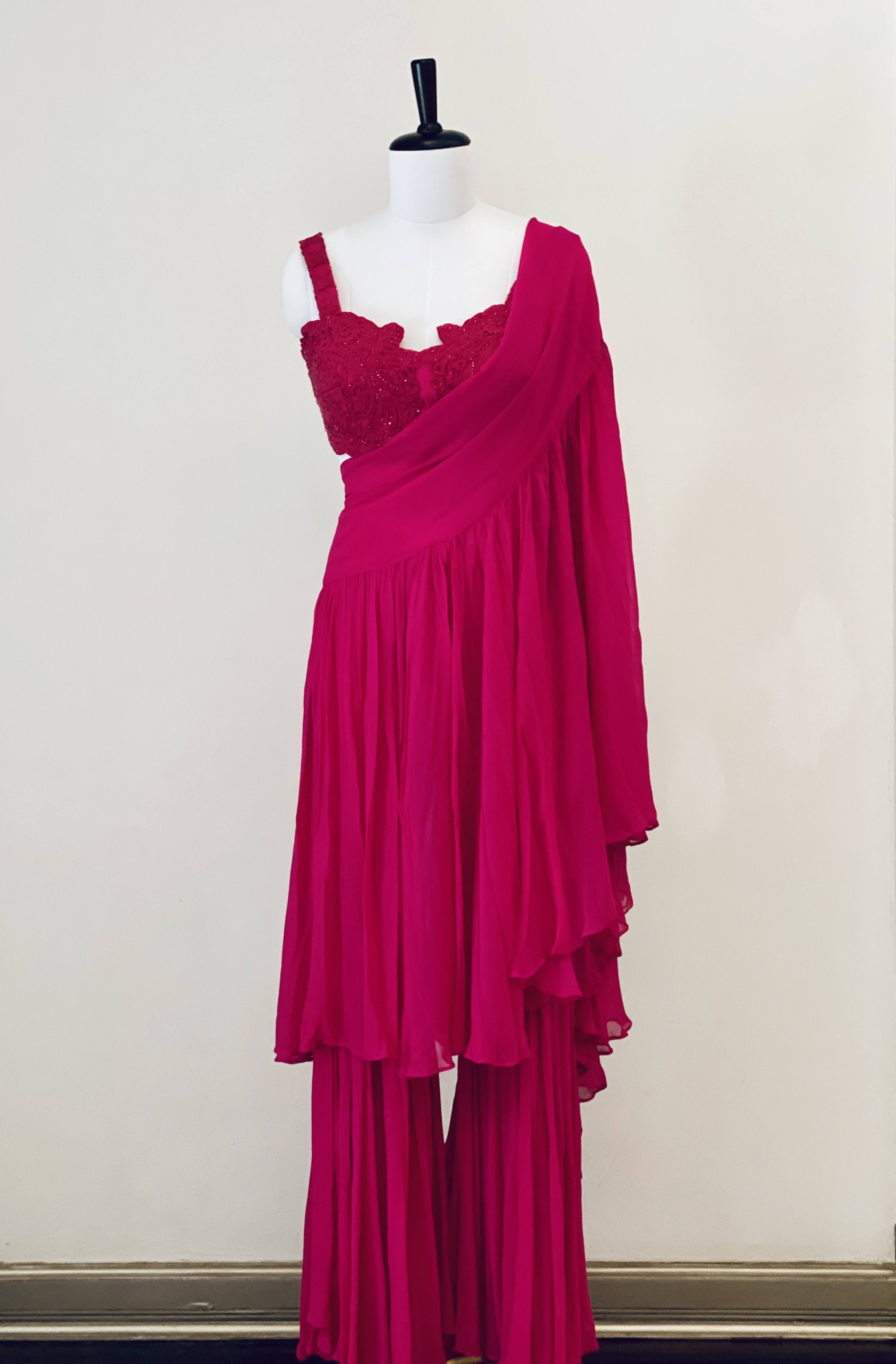 Fuchsia Pink Embroidered Blouse With Drape Dupatta And Pants