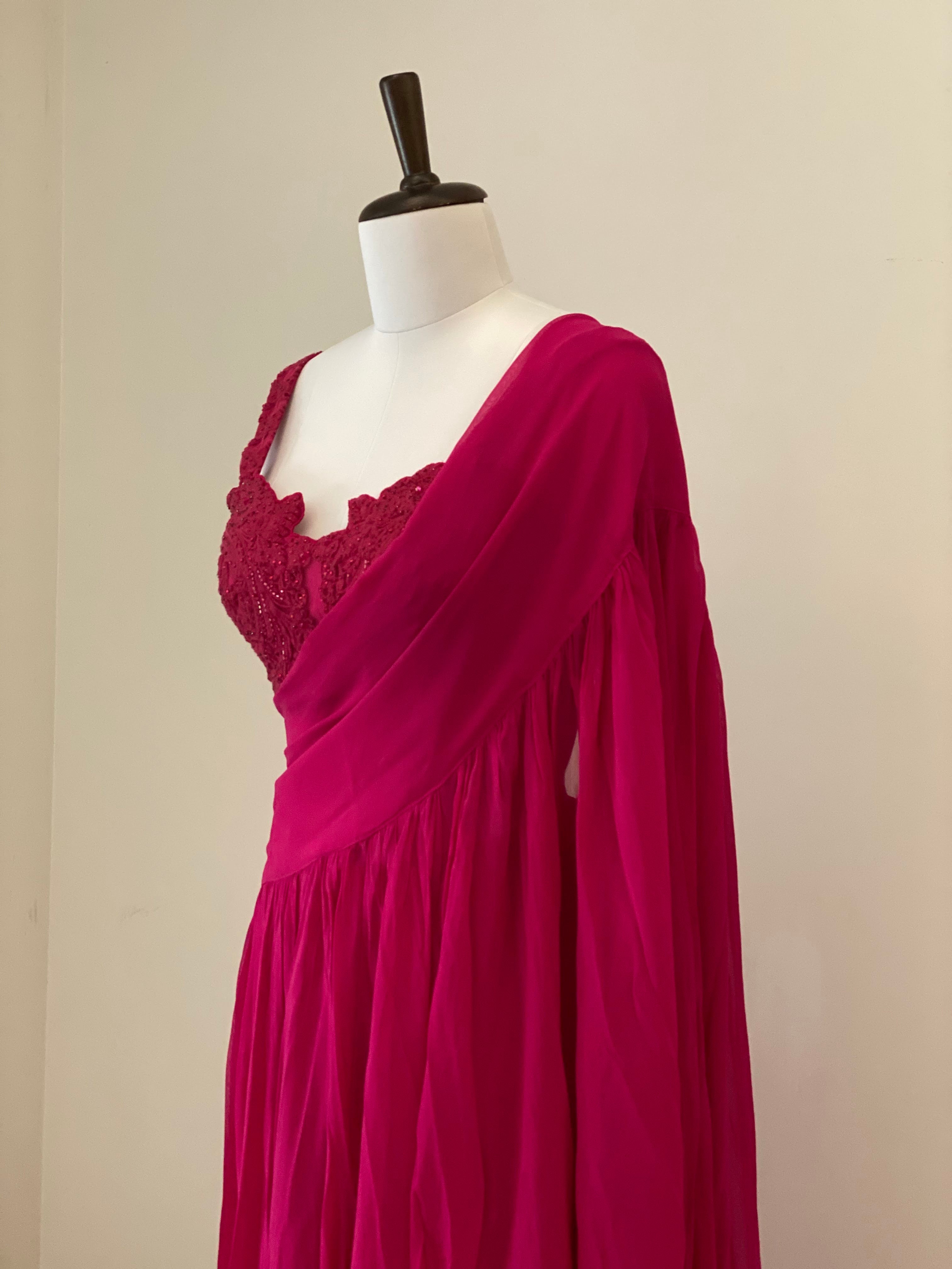 Fuchsia Pink Embroidered Blouse With Drape Dupatta And Pants