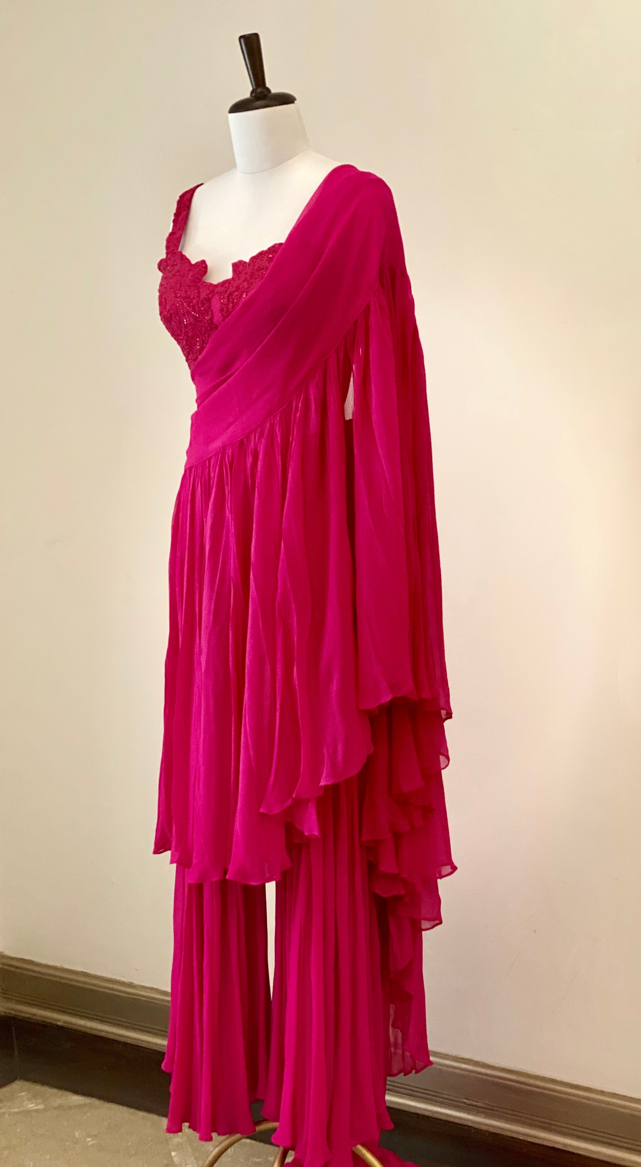 Fuchsia Pink Embroidered Blouse With Drape Dupatta And Pants