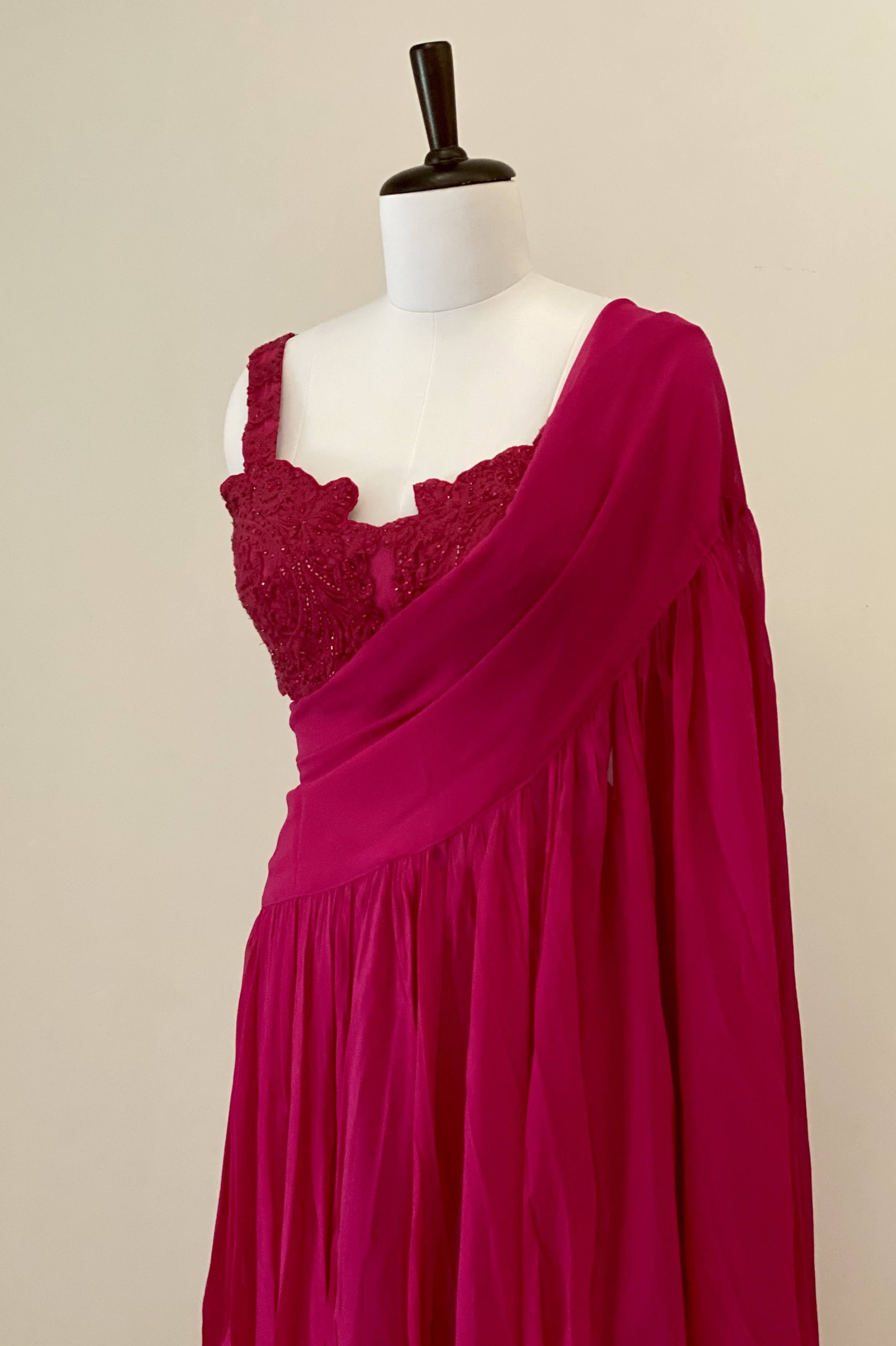 Fuchsia Pink Embroidered Blouse With Drape Dupatta And Pants