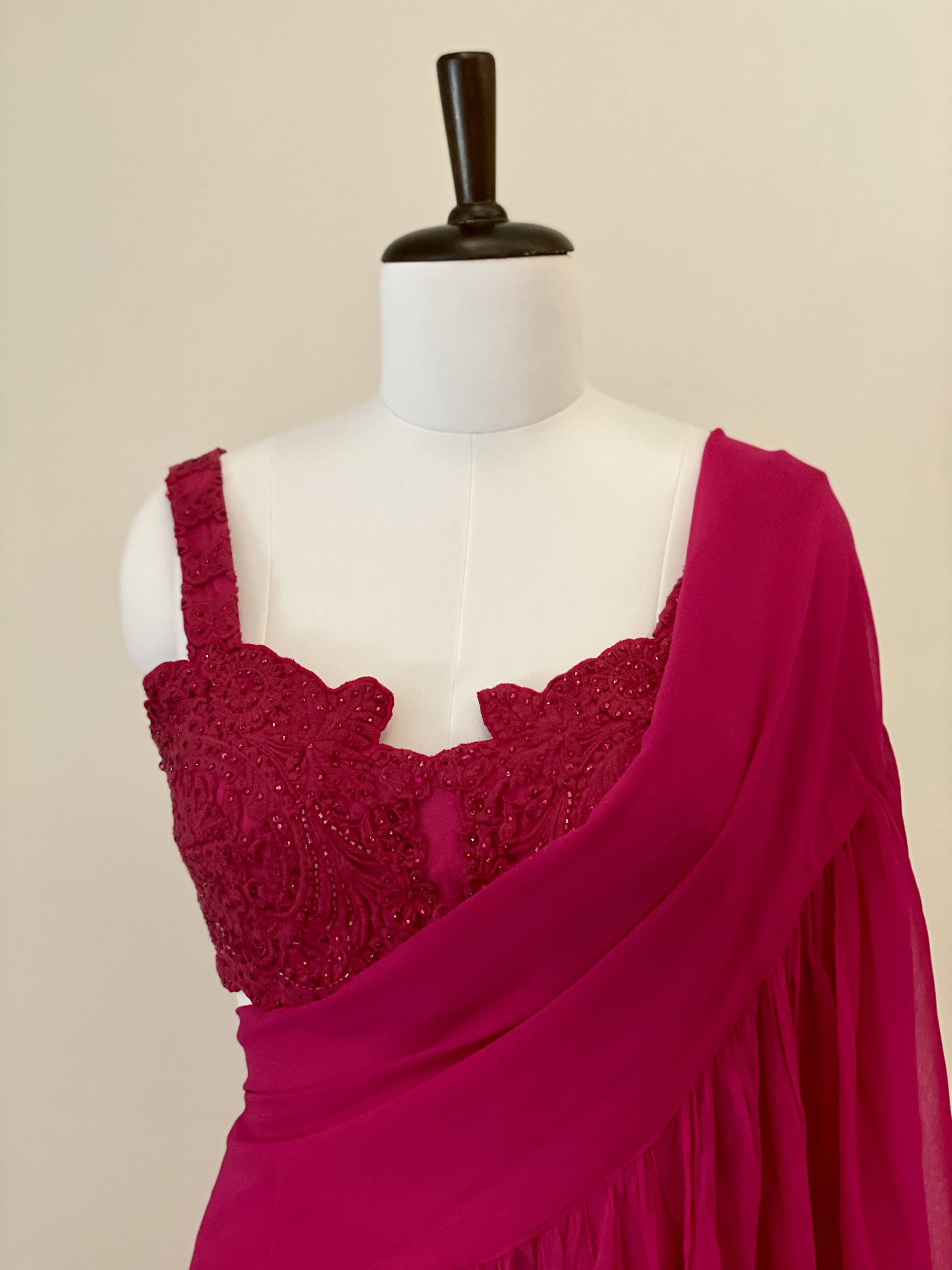 Fuchsia Pink Embroidered Blouse With Drape Dupatta And Pants