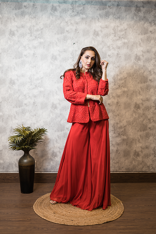 Red embroidered jacket and pants set