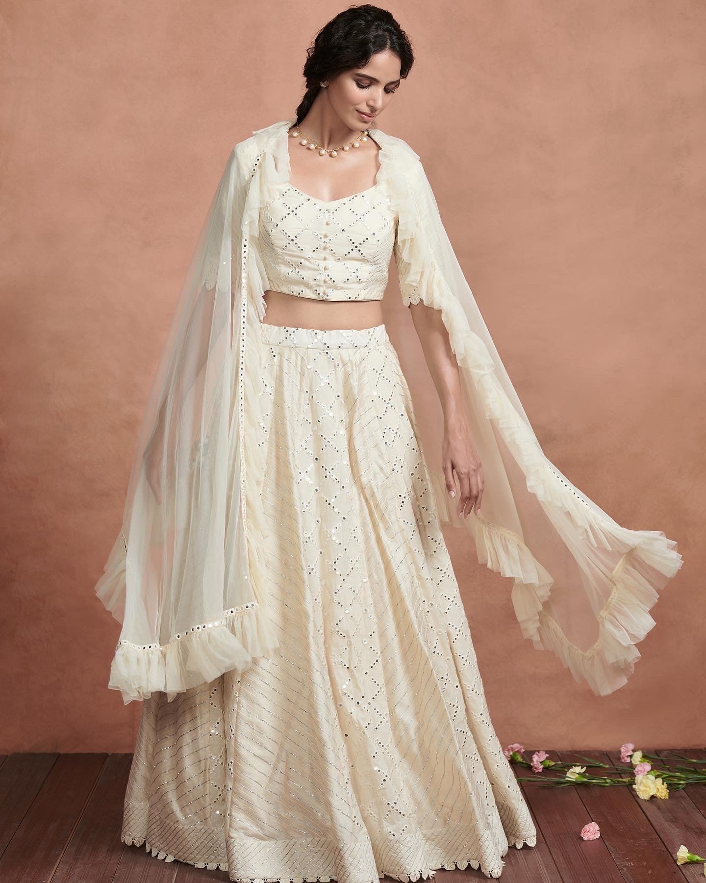 Ivory mirror work lehenga