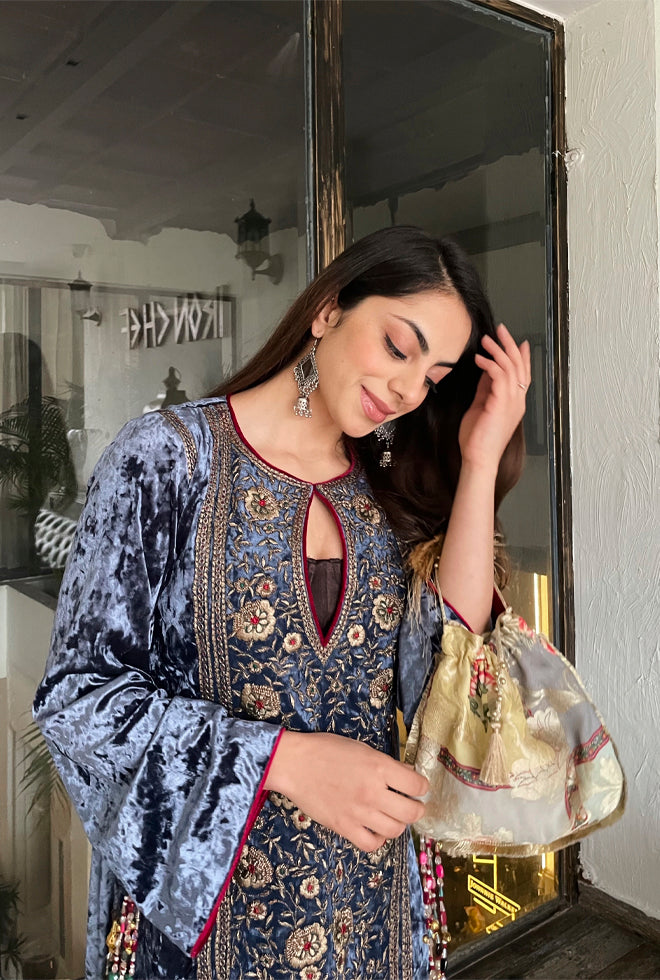 Persian blue embroidered velvet kurta set